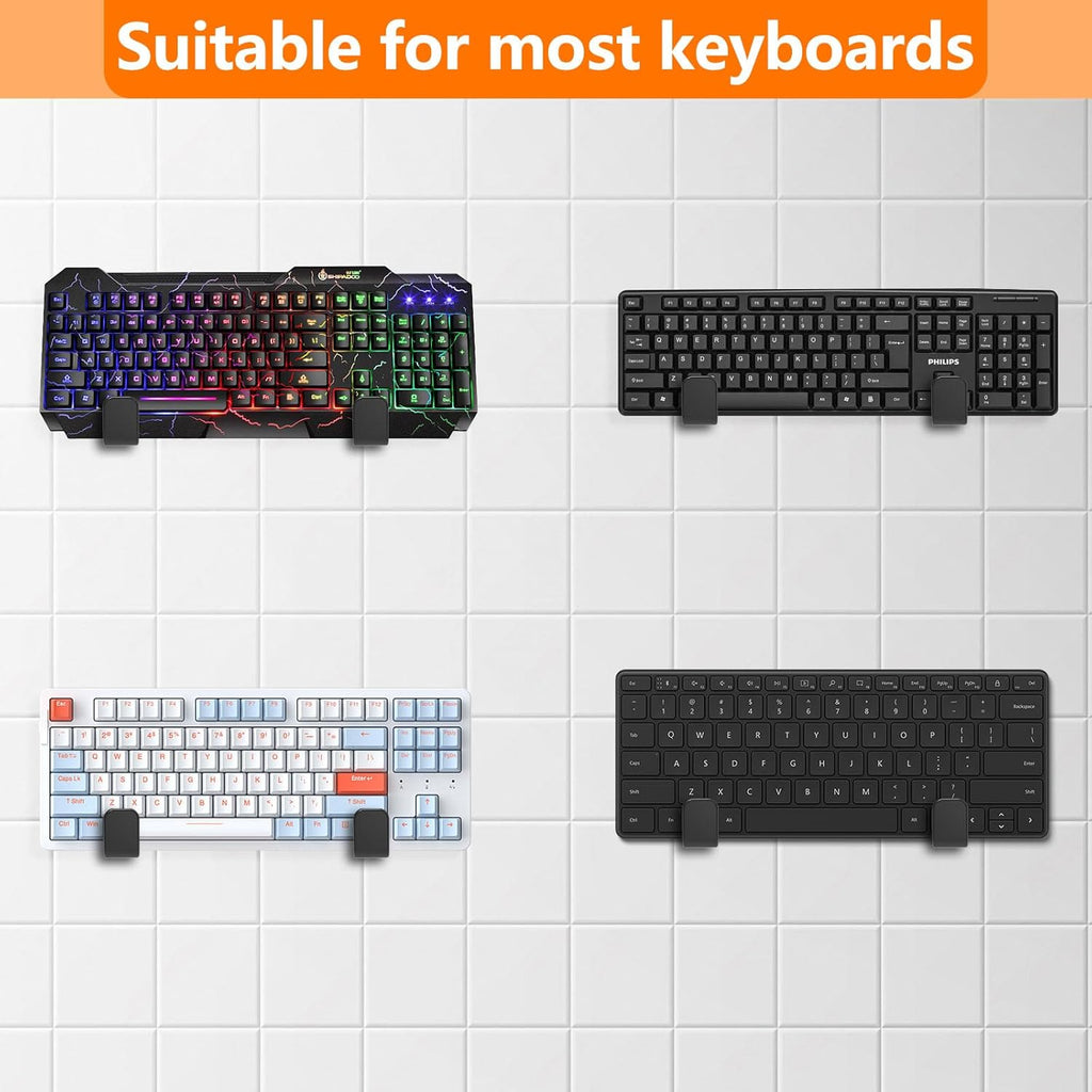 4 PCS Keyboard Wall Mount Storage,Keyboard Wall Holder,Keyboard Wall Rack, Metal Keyboard Wall Hanger with Adhesive & Screw in,for Gaming Mechanical Keyboards, for Devices Thickness < 3cm