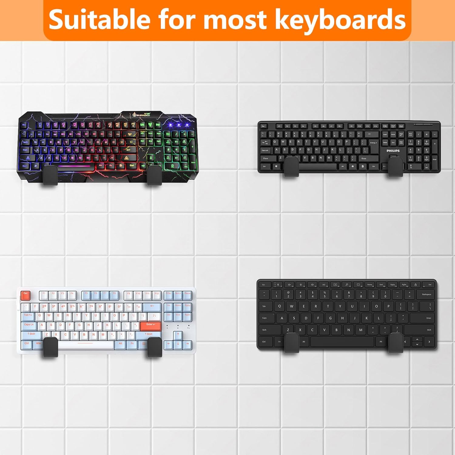 4 PCS Keyboard Wall Mount Storage,Keyboard Wall Holder,Keyboard Wall Rack, Metal Keyboard Wall Hanger with Adhesive & Screw in,for Gaming Mechanical Keyboards, for Devices Thickness < 3cm