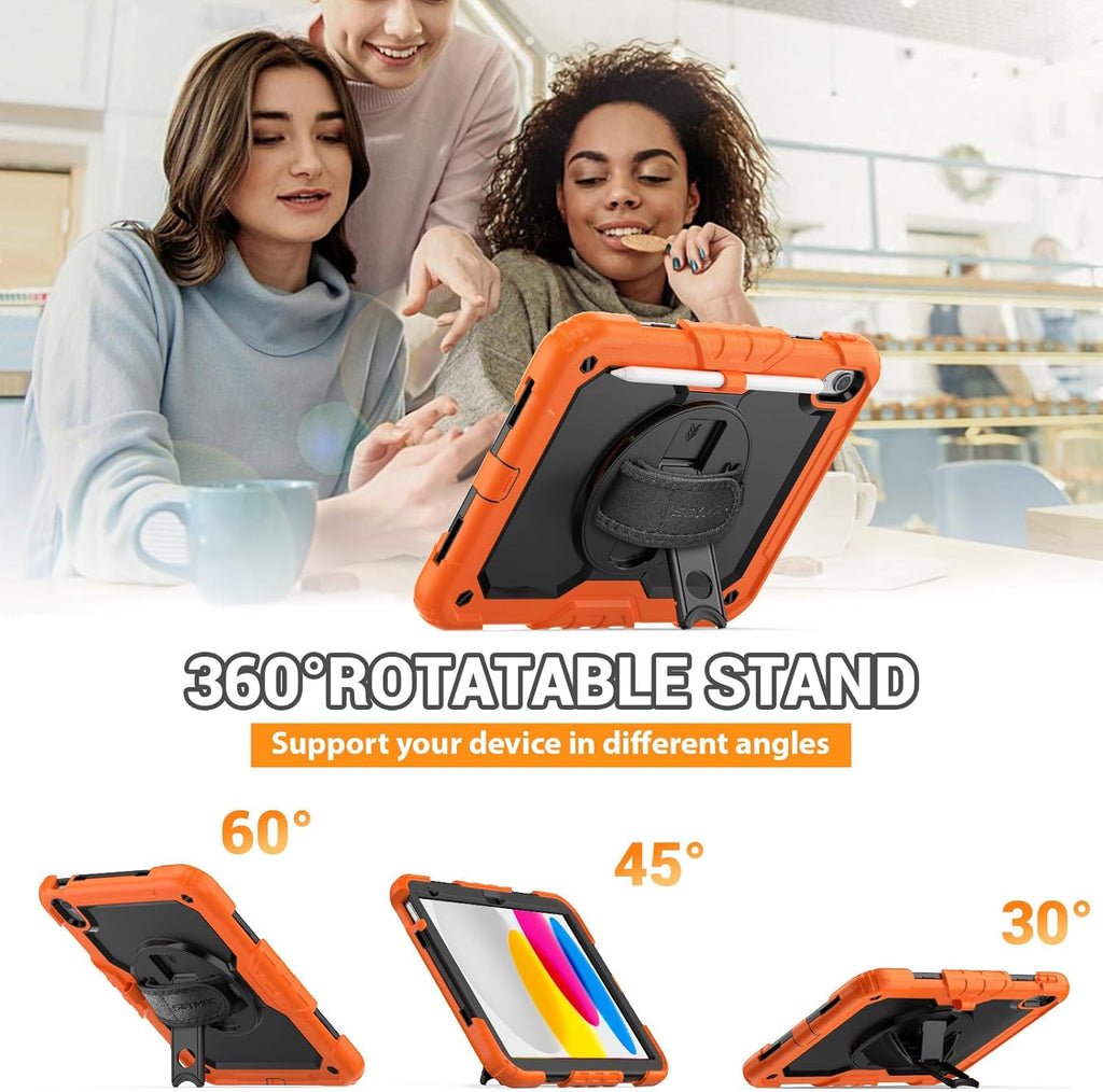 SEYMAC for iPad (A16) 11th/10th Generation Case 2025/2022 (11″/10.9″), Sturdy Heavy Duty Full-Body Shockproof Protective Case with Screen Protector, Rotating Stand, Hand/Shoulder Strap, Black/Orange