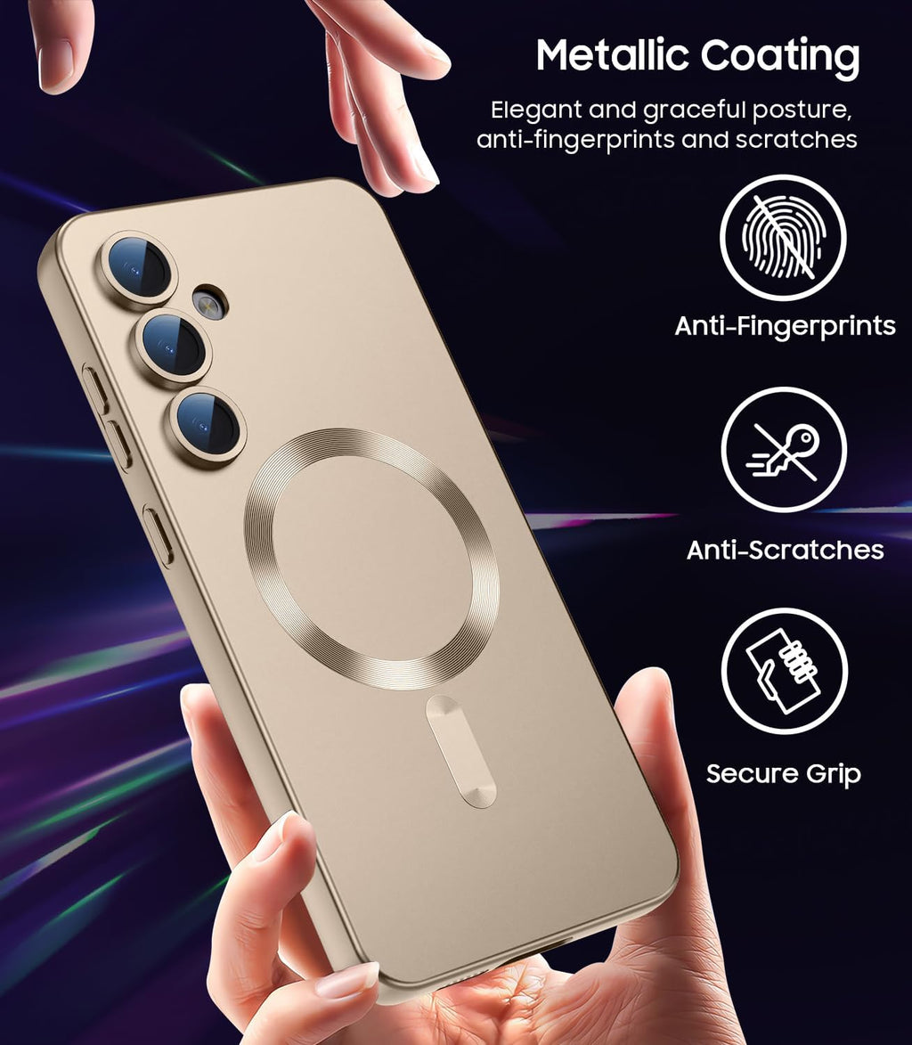 Magnetic for Samsung Galaxy S25 Case [Compatible with MagSafe][Built-in Camera Lens Protector] Slim Soft Silicone Bumper Shockproof Metallic Luster Phone Shell (Gold)