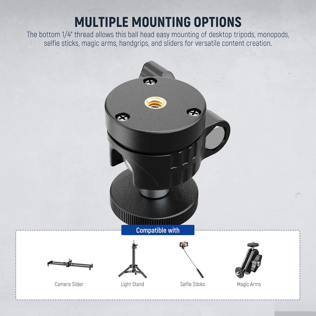 NEEWER Basic Mini Ball Head, Portable Tripod Head Camera Mount Adapter with 1/4" Screw for Compact DSLR Action Cam Phone LED Ring Light Monopod Slider, 4.4lb Max Load, 360° Swivel & 90° Tilt, GM01