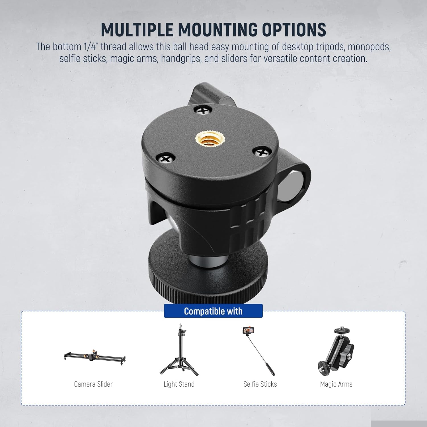 NEEWER Basic Mini Ball Head, Portable Tripod Head Camera Mount Adapter with 1/4" Screw for Compact DSLR Action Cam Phone LED Ring Light Monopod Slider, 4.4lb Max Load, 360° Swivel & 90° Tilt, GM01