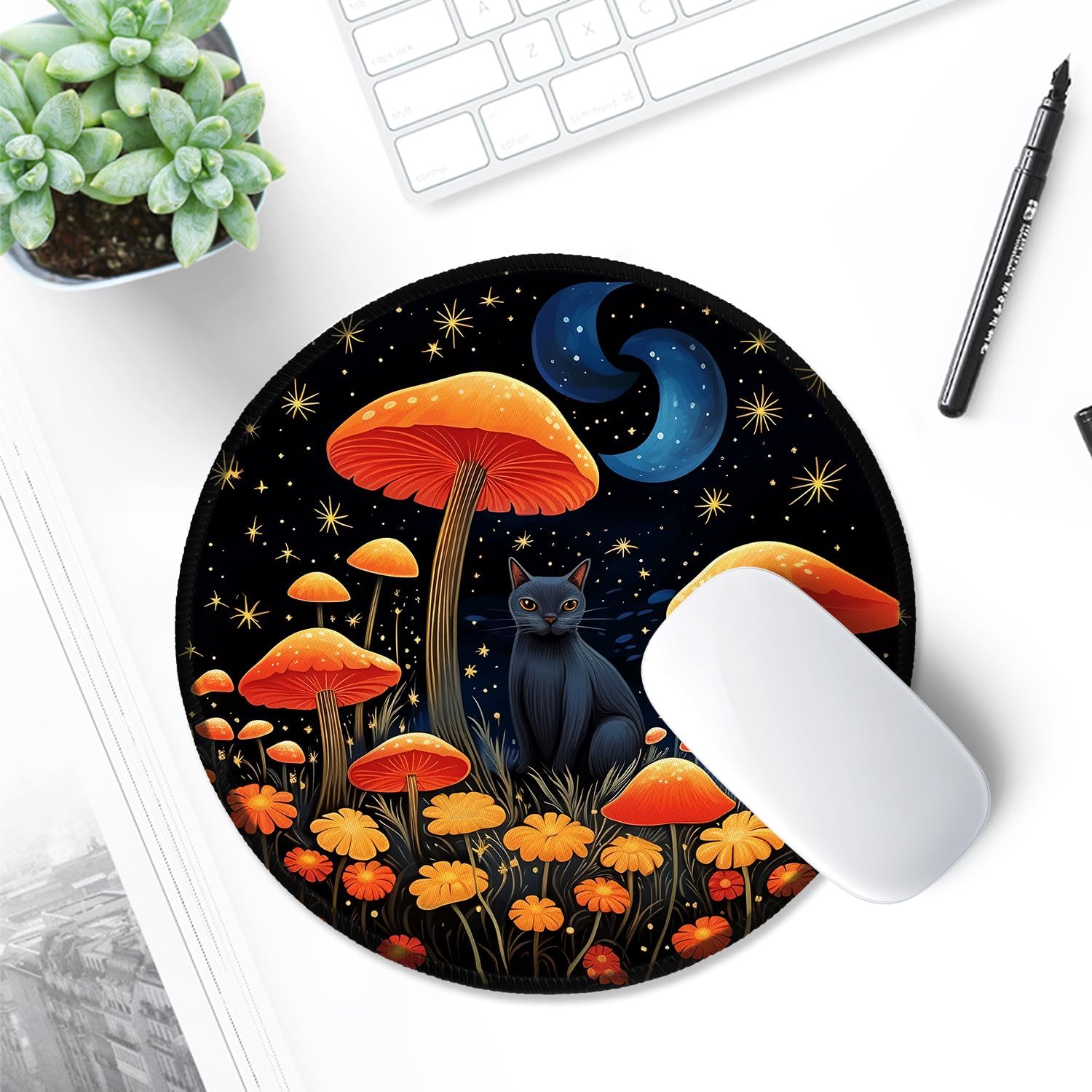 ITNRSIIET Round Mouse Pad with Stitched Edge Premium-Textured Waterproof Non-Slip Rubber Base Desktop Protection Mat Diameter 8.7 inches, Cat and Mushroom