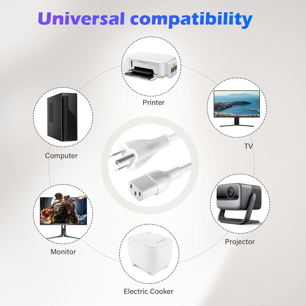 Adoreen 6 Ft Computer TV Replacement Power Cord White, 18AWG 3-Prong AC Universal Power Supply Cable NEMA 5-15P to IEC 320 C13 for Printer, PC, Monitor TV LCD, ETL+Ties