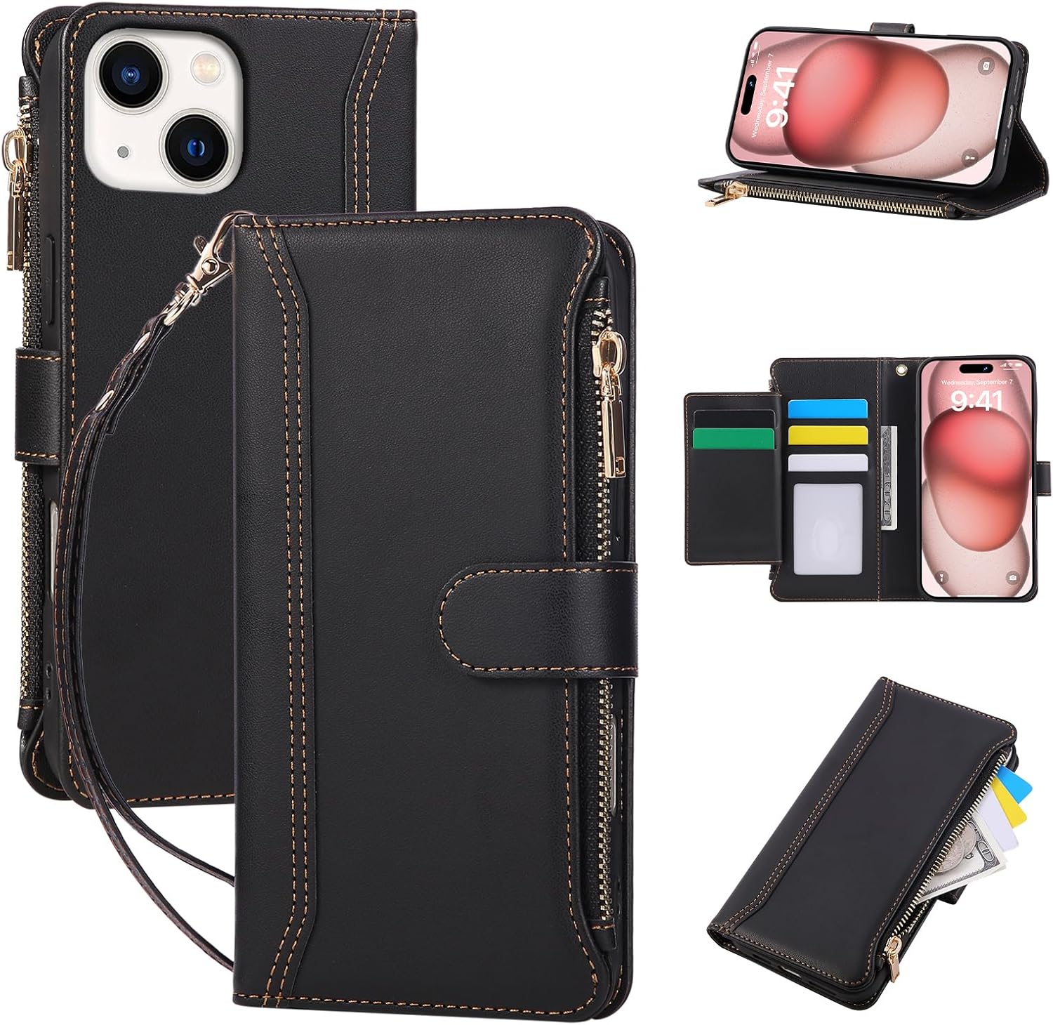 Compatible with iPhone 15 Wallet Phone Case-PU Leather Magnetic Flip Cover with Credit Card Slots,Zipper Pocket & Detachable Wrist Strap,Shockproof Design,for Women and Men-Black