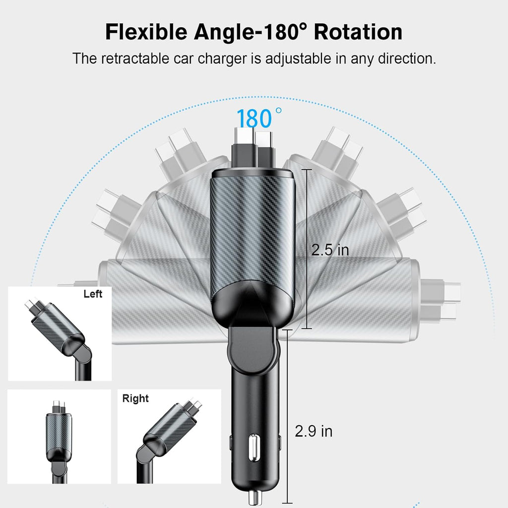 Retractable Car Charger for 4 in 1 Fast Charging Max 80W【ONLY 2 Type-C Charging Cable】 for iPhone16 15/Galaxy,USB-A/C Port for iPhone16/15/14/13/Pro Max Plus,iPad,AirPods,PD 3.0 Cord