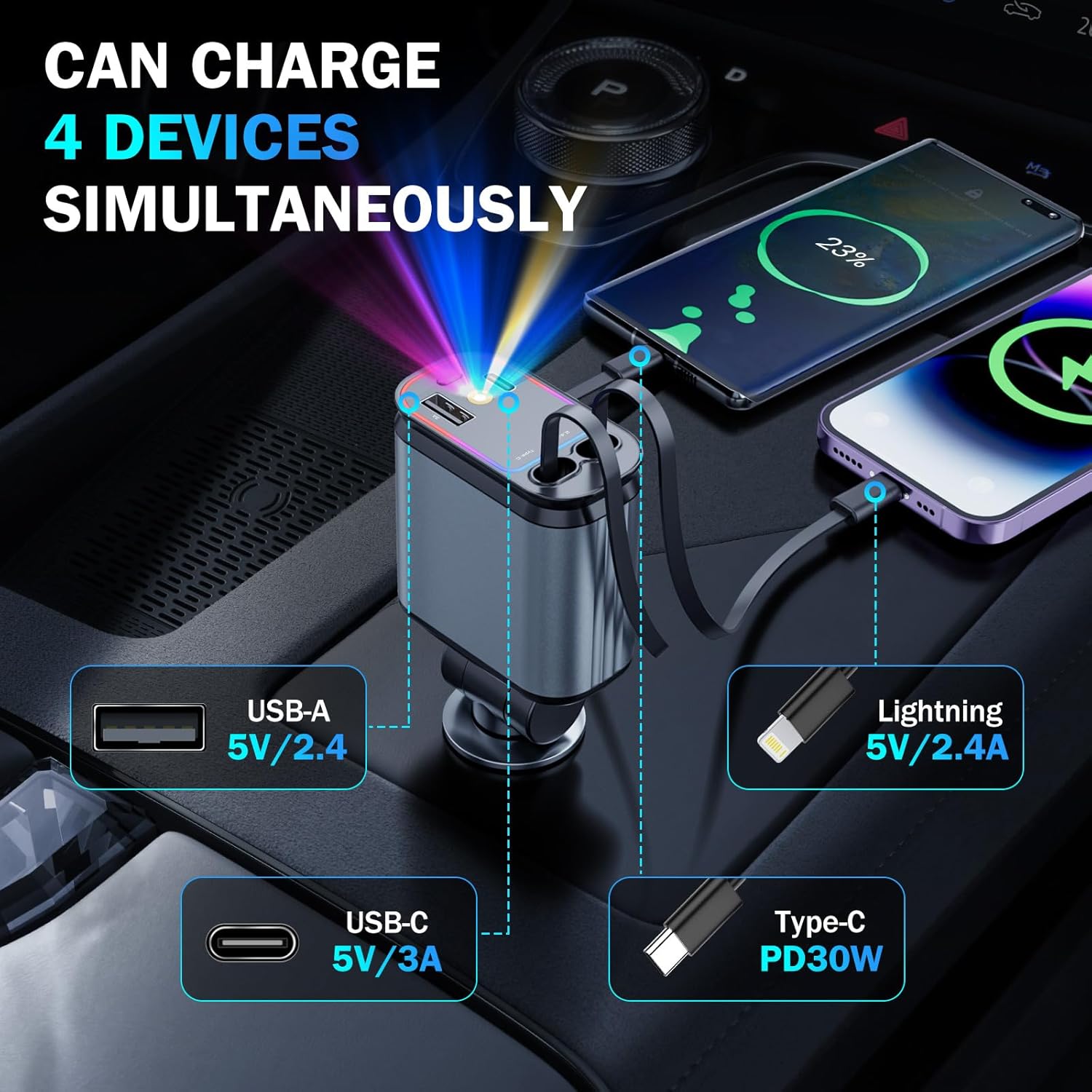 Car Charger with Starlight, 66W USB C Fast Car Chargers Adapter, 4 in 1 Retractable Car Charger with 2 USB Ports Car Phone Chargers for iPhone 16/15/14/13/12/11 and for Android (Dark Grey)