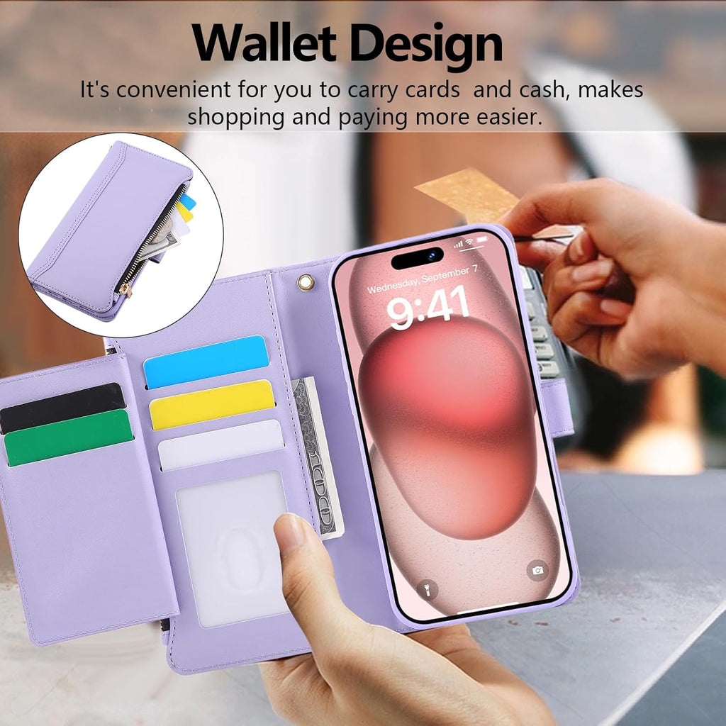 Compatible with iPhone 16 Wallet Phone Case-PU Leather Magnetic Flip Cover with Credit Card Slots,Zipper Pocket & Detachable Wrist Strap,Shockproof Design,for Women and Men-Purple