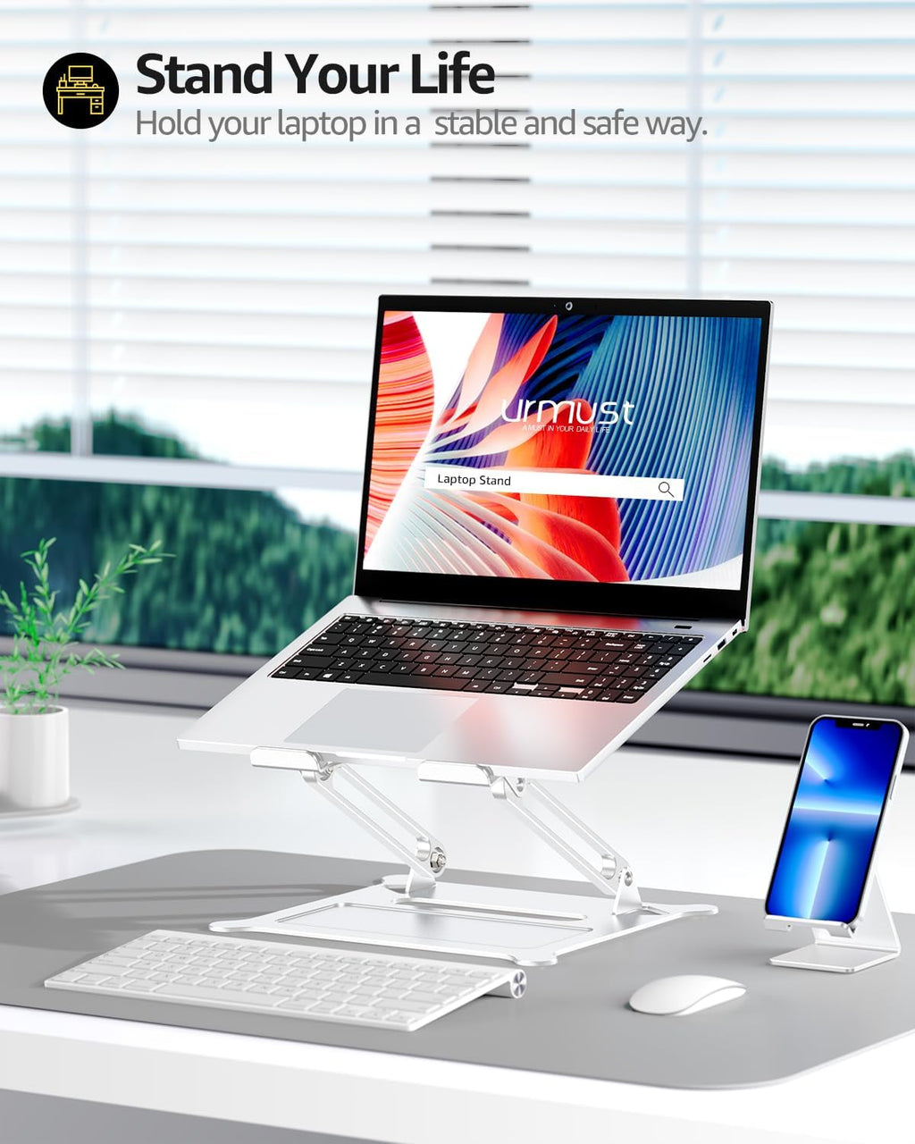 Urmust Laptop Notebook Stand Holder Adjustable Ultrabook Stand Riser Portable Compatible with MacBook Air Pro HP Dell XPS Lenovo All laptops 10-15.6"(Silver)