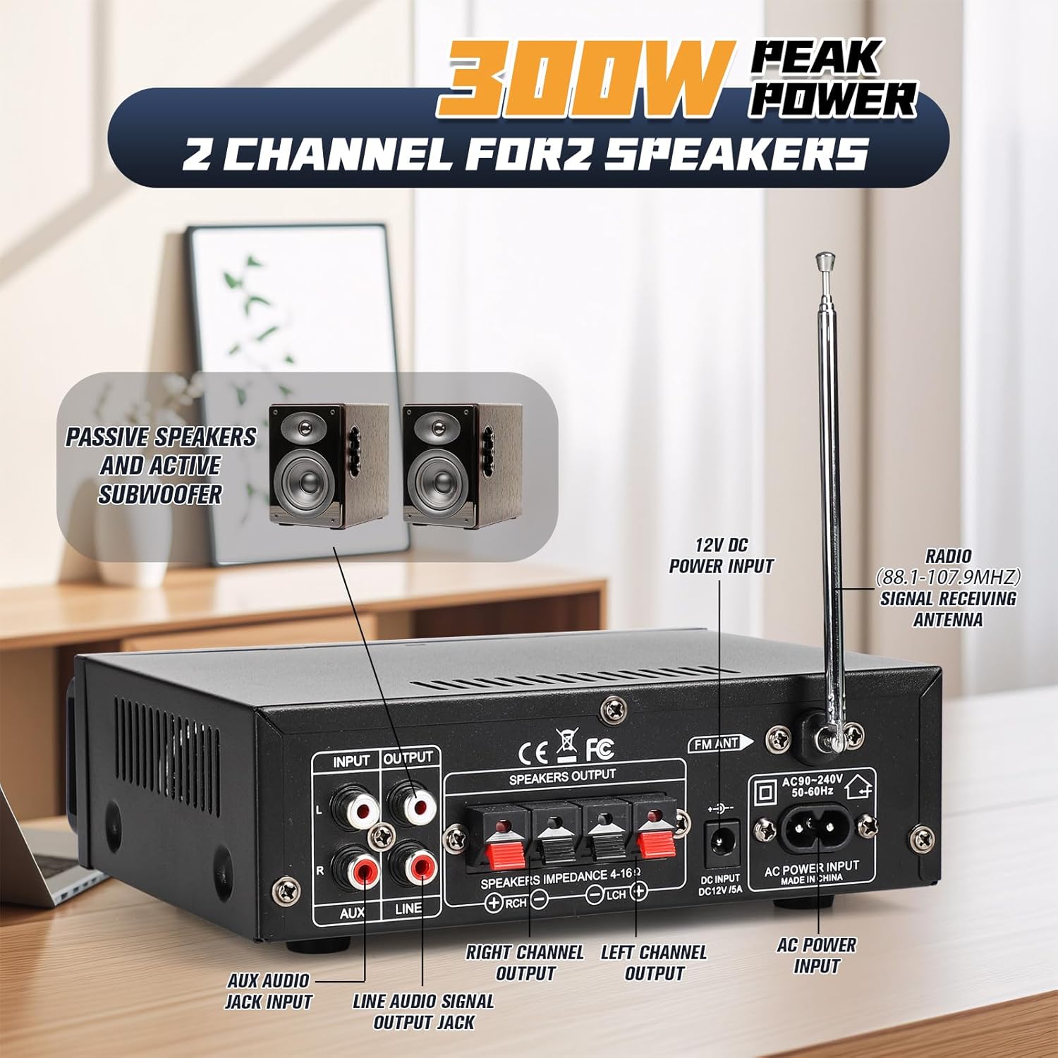 Stereo Audio Amplifier, 300W Home 2 Channel Wireless Bluetooth 5.0 Power Amplifier System, Home Amplifiers FM Radio, USB, SD Card, with Remote Control Home Theater Audio Stereo System