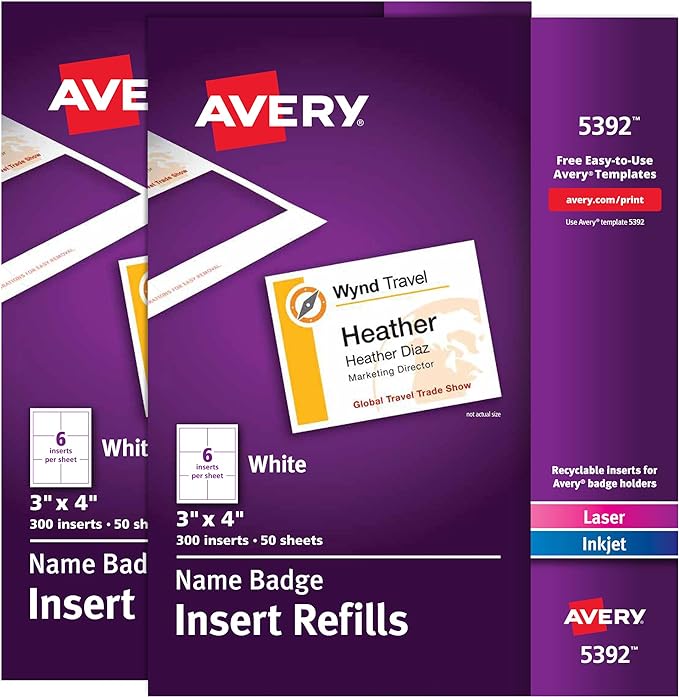 Avery Customizable Name Badge Inserts, 2 Packs of 300, 600 Printable Name Tag by Avery