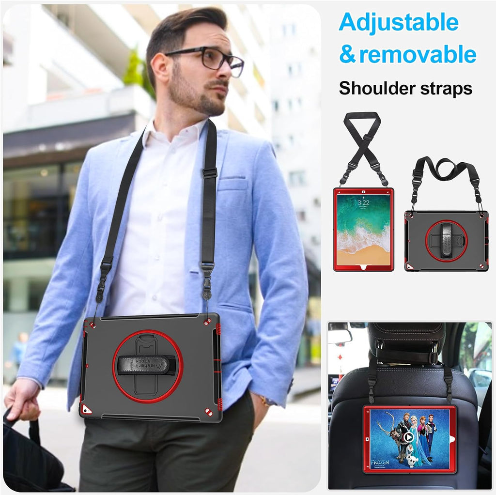 iPad Pro 12.9 Case 2nd Generation 2017 & 2015 1st Generation, Heavy Duty Rugged TPU Protective Cover with Screen Protector- Stand + Handle Hand & Shoulder Strap + Pencil Holder- Red+Black