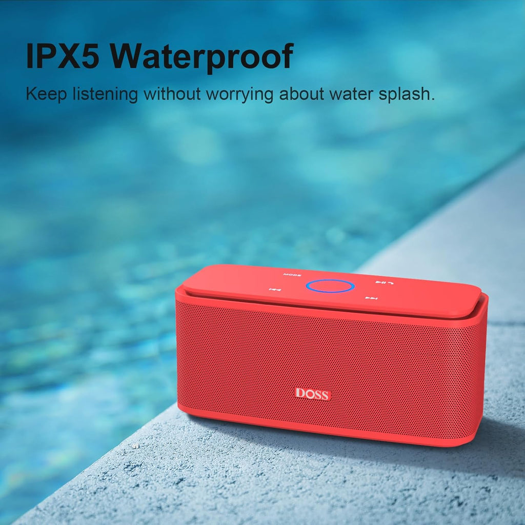 DOSS SoundBox Touch Wireless Bluetooth Speaker with HD Sound and Bass, IPX5 Water-Resistant, 20H Playtime, Handsfree, Portable for Office, Home, Outdoor, Travel-Red