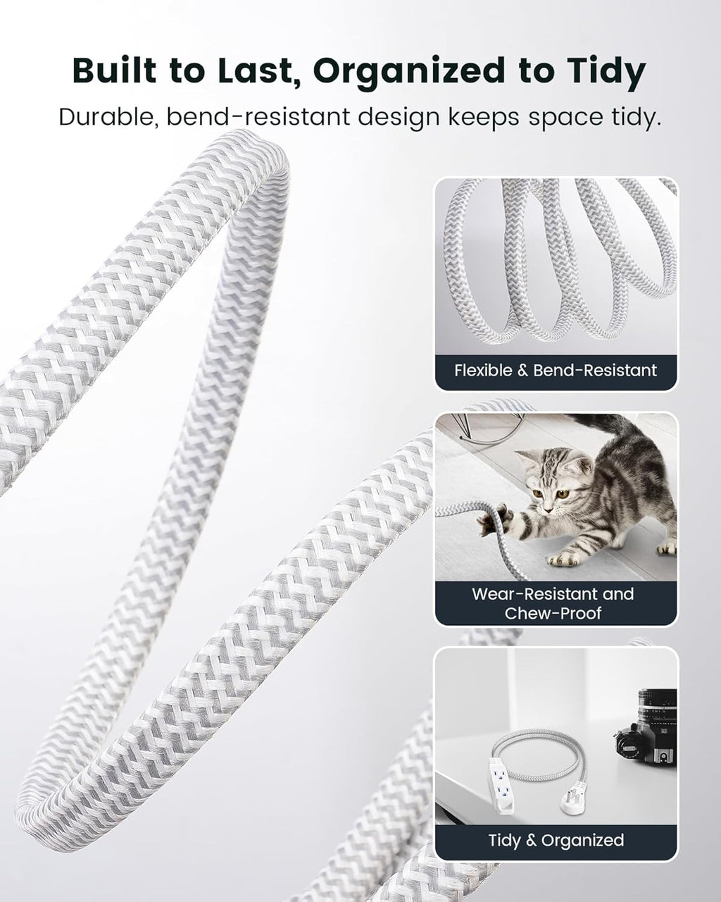 SURAIELEC Flat Extension Cord 3FT, 360° Rotating Flat Plug Extension Cord with 3 Outlets, Braided White Cord for Indoor Use, Small Space, Compact Areas, 16/3C SPT, ETL Listed, 2 Pack