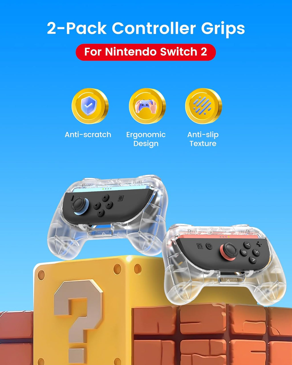 TRANSNOVO Hand Grips for Switch 2，Wear-Resistant Switch Accessories Controller Grips for JoyCon，2 Pack Comfort Handles (Transparent)