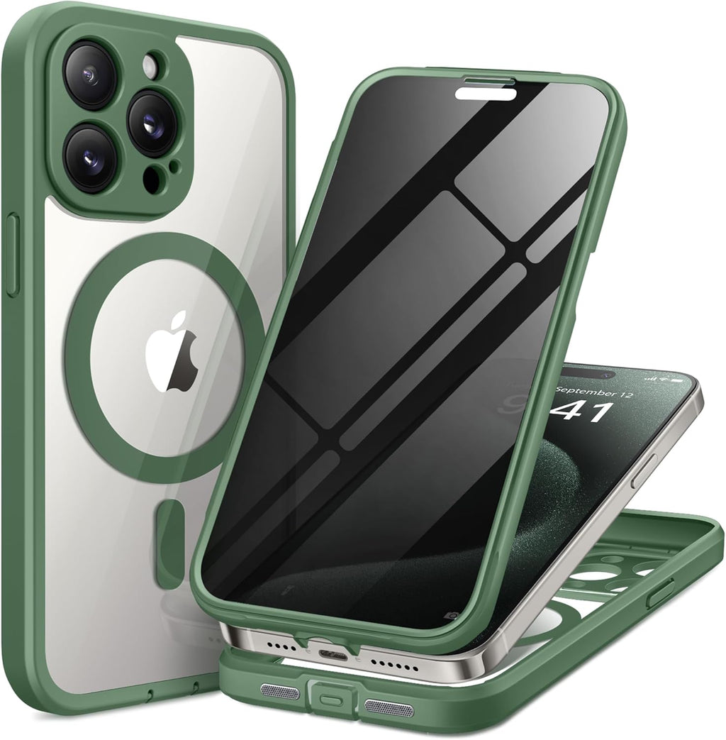Magnetic for iPhone 15 Pro Max Case, Compatible with MagSafe, Built-in Privacy Screen Protector and Camera Protection, Anti Spy Full Body Dustproof Shockproof Hard Phone Case 6.7", Pine Green