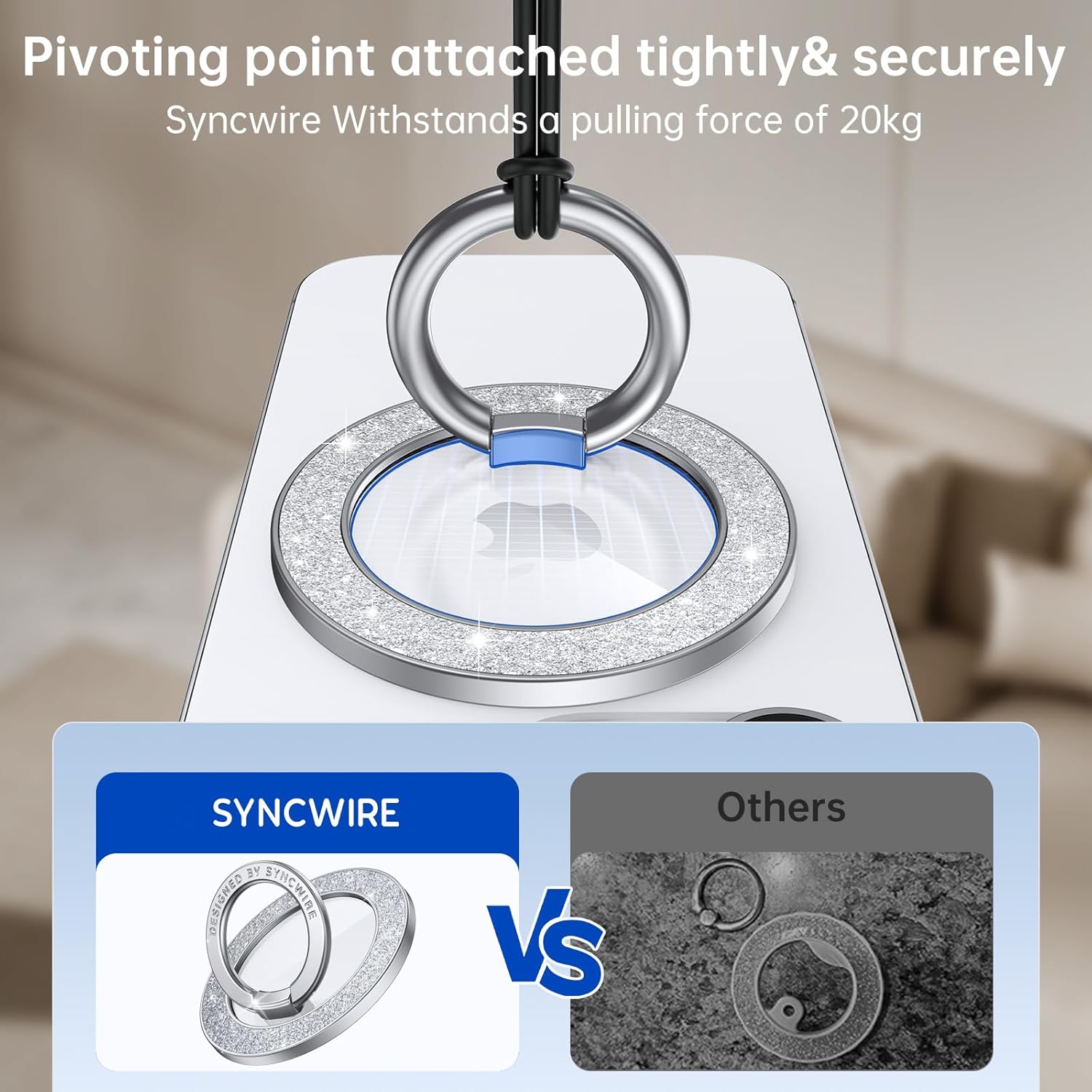 Syncwire Magnetic Phone Grip for MagSafe, Bling Magnetic Phone Ring Holder, 360° Rotation with Floating Effect Cell Phone Ring Stand MagSafe Ring for iPhone 15 Pro Max 14 13 12 &All - Glitter Silver