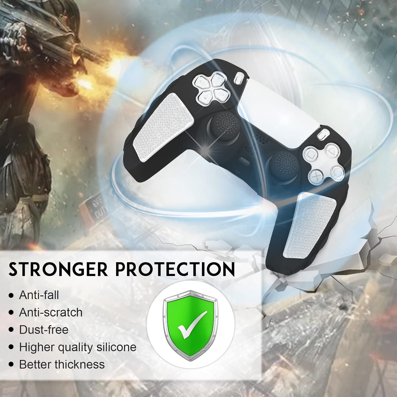 SIKEMAY Anti-Slip PS5 Controller Skin, Soft Thicken Non-Slip Studded Silicone Gel Grip Protective Cover Case for PlayStation 5 Controller Grip, 2 Pack with 8 x Thumb Grip Caps
