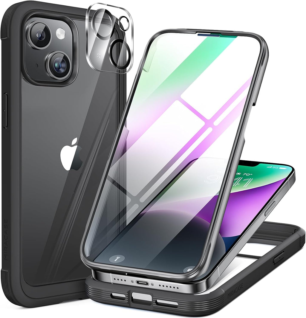 Miracase Glass Series Designed for iPhone 14 Plus Case 6.7 inch, 2023 Upgrade Full-Body Clear Bumper Case with Built-in 9H Tempered Glass Screen Protector and Camera Lens Protector,Black
