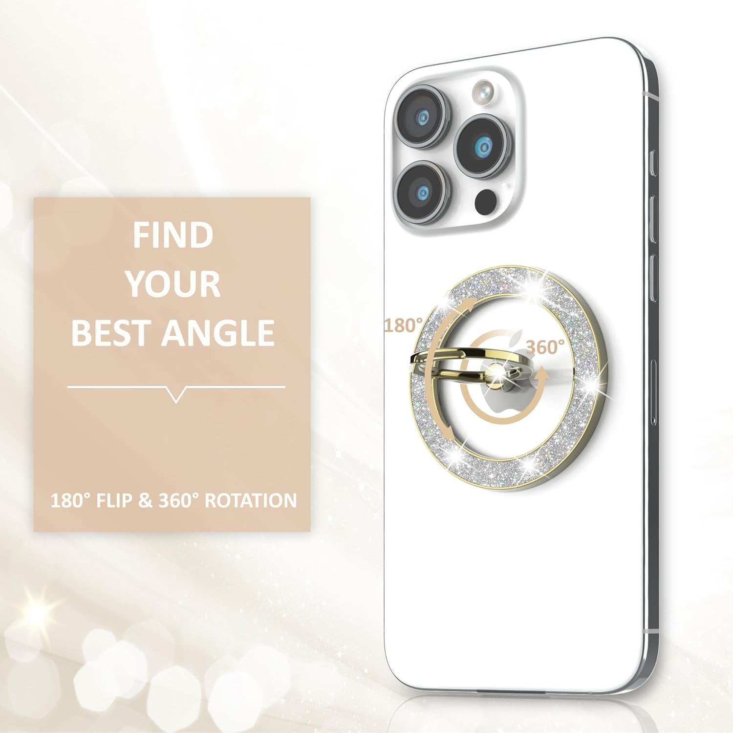 Magnetic Phone Ring Holder for MagSafe, Magnetic Phone Grip for iPhone, Compatible with iPhone MagSafe Wireless Charging. (Glitter Gold)