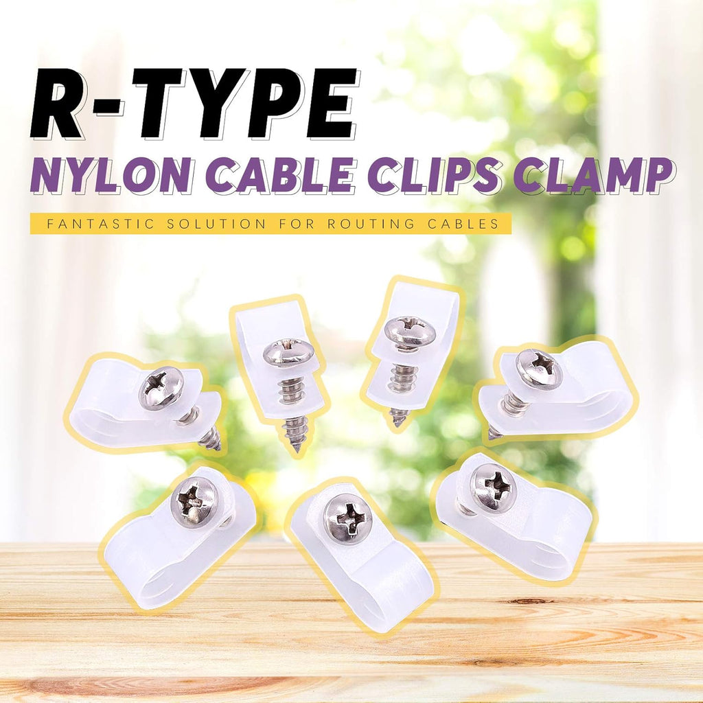 Swpeet 120 Pack White 5/16 Inch Nylon Plastic R-Type Cable Clips Clamp Kit, Nylon Screw Mounting Cord Fastener Clips with 120 Pack Screws for Wire Management (5/16 Inch, White)