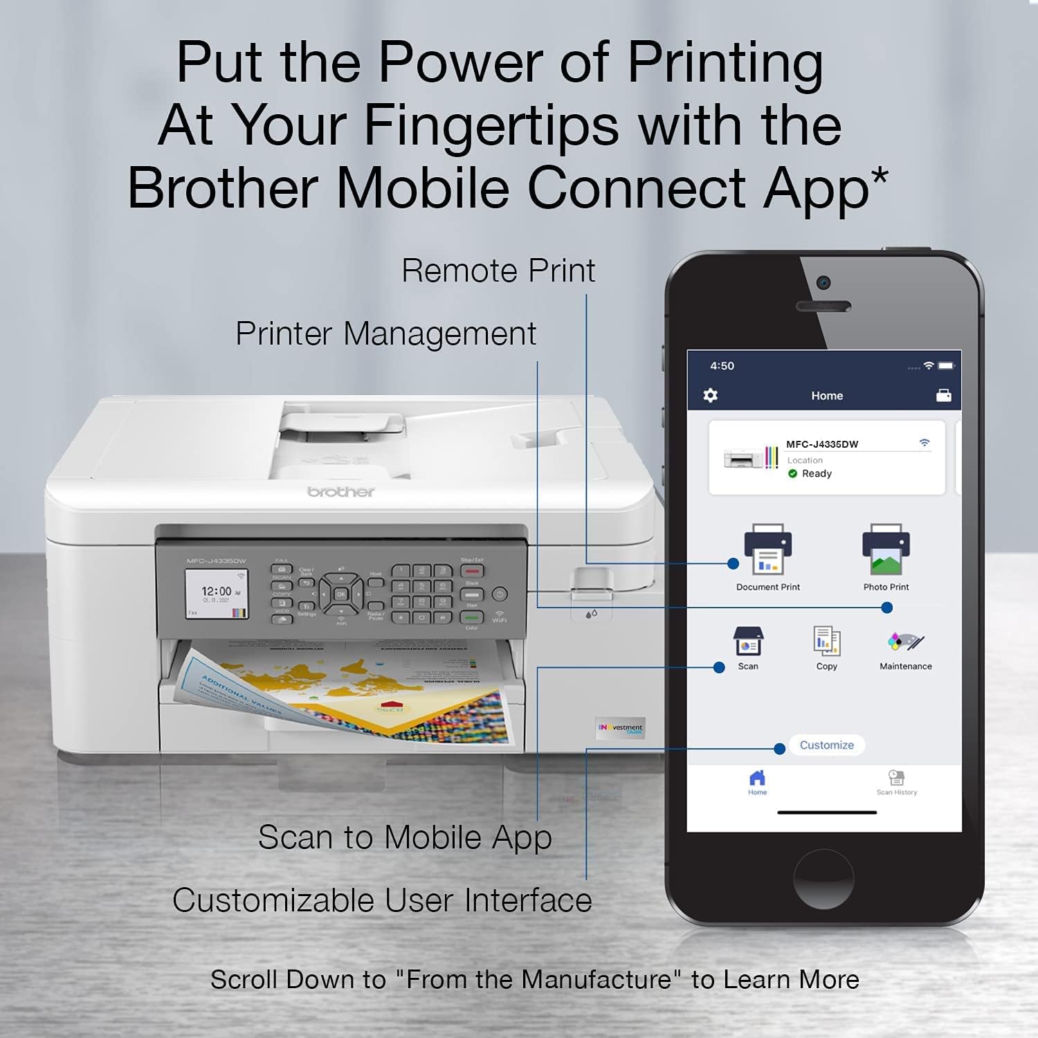 Brother MFC-J4335DW INKvestment Tank All-in-One Printer with Duplex and Wireless Printing Plus Up to 1-Year of Ink in-Box (Renewed Premium), White