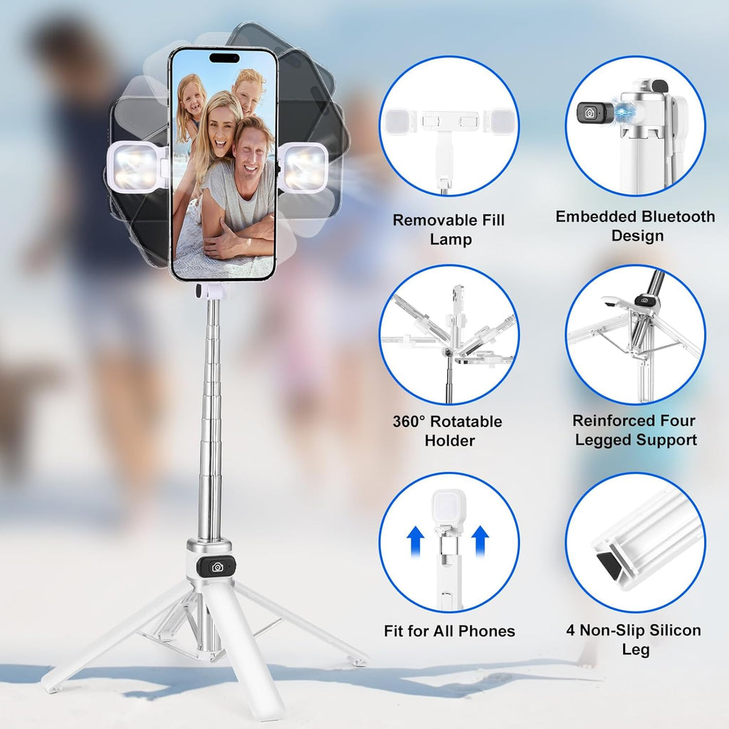 Mini Phone Tripod Stand,MQOUNY 38" Phone Tripod &Selfie Stick with Wireless Rechargeable Remote & Removable Light, Extendable Tripod Stand 360 Rotation Compatible with Phone&Android Samsung (White)
