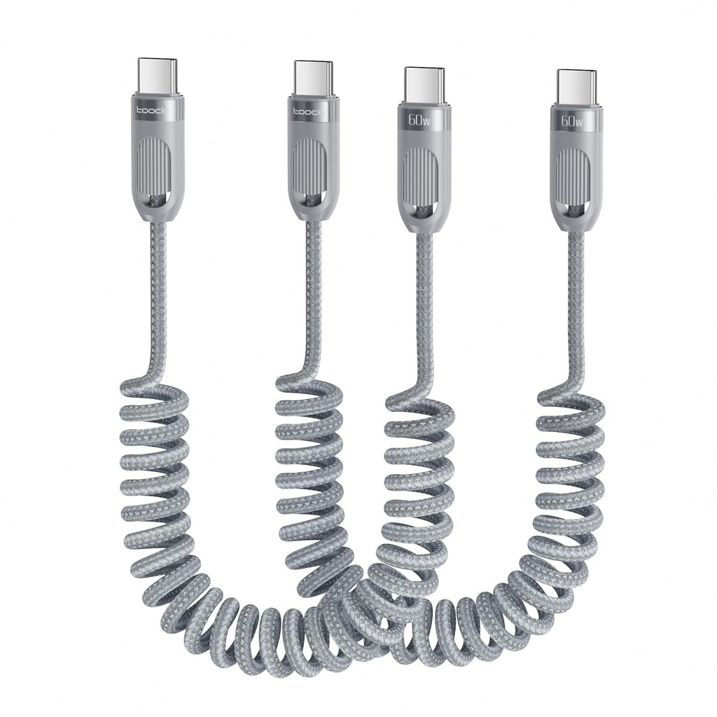 Coiled USB C to USB C Cable 2Pack 3FT Braided Retractable Fast Charging Cable for Car, Compatible with iPhone 16/15 Pro Max/Galaxy S24/S23/S22, Supports Car Play & Android Auto-Grey