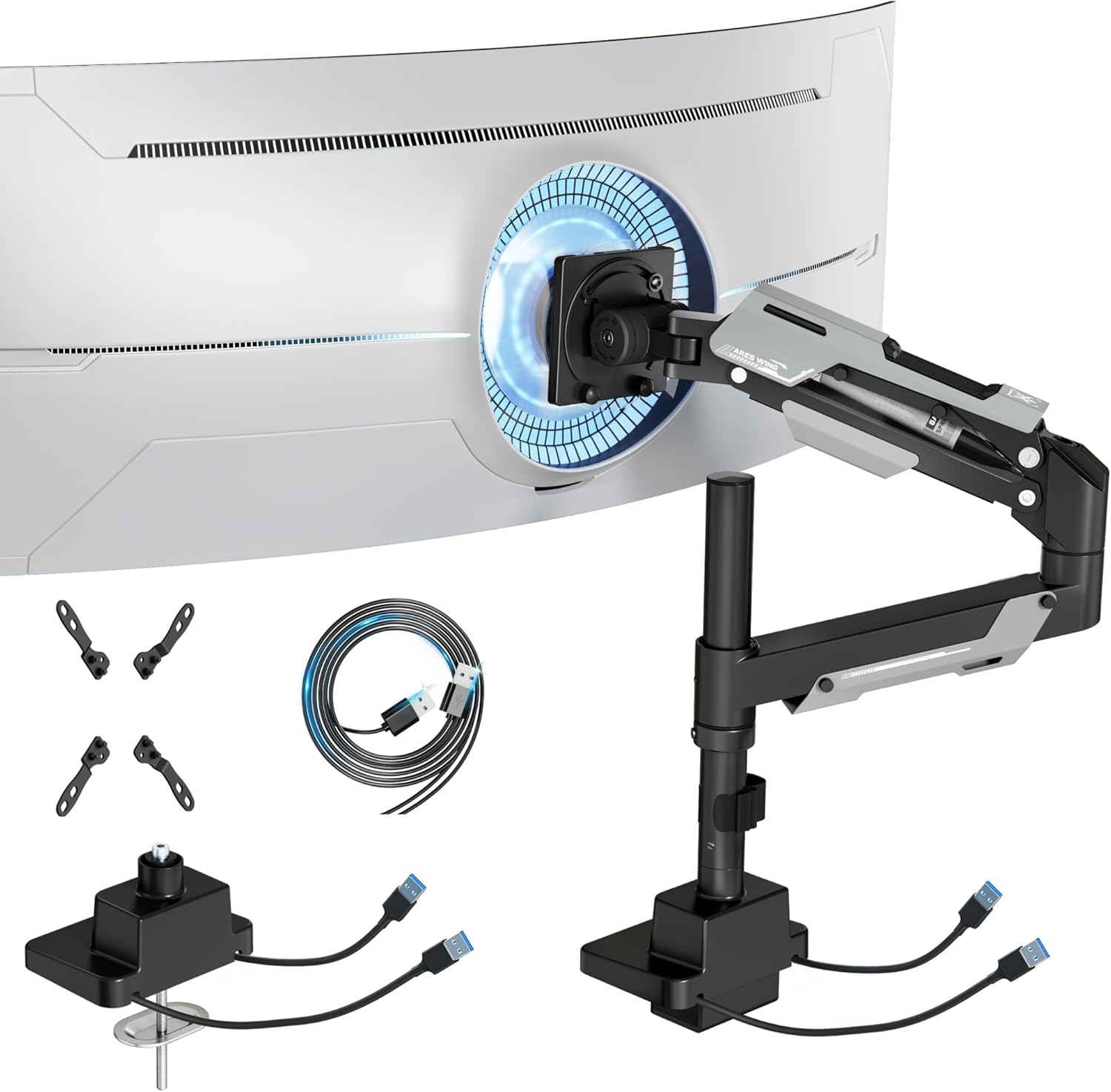 ARES WING Single Monitor Mount with USB, Ultrawide Monitor Arm for 24 to 57 Inch Heavy Duty Curved Screen, Adjustable Gas Spring Monitors Arm Stand up to 66LBS with 75/100/200 Vesa Mount, Black