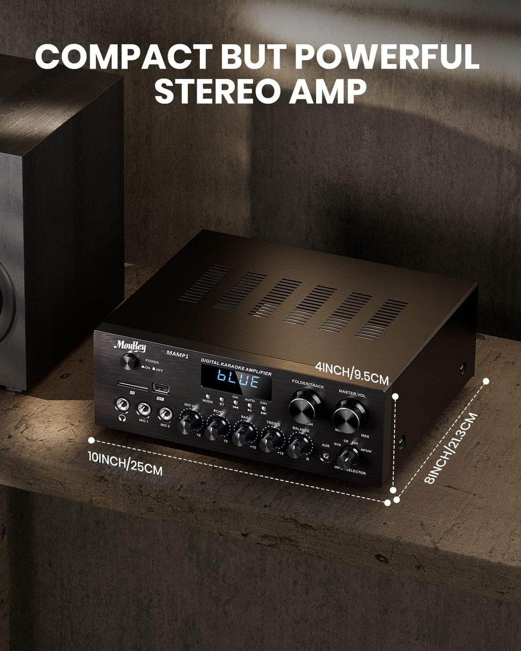 Moukey Stereo Receivers with Bluetooth 5.0, 400W 2.0 Channel Power Audio Amplifier Stereo System w/USB, SD, AUX, RCA, MIC in w/Echo, LED for Karaoke, Home Theater Speakers - MAMP1