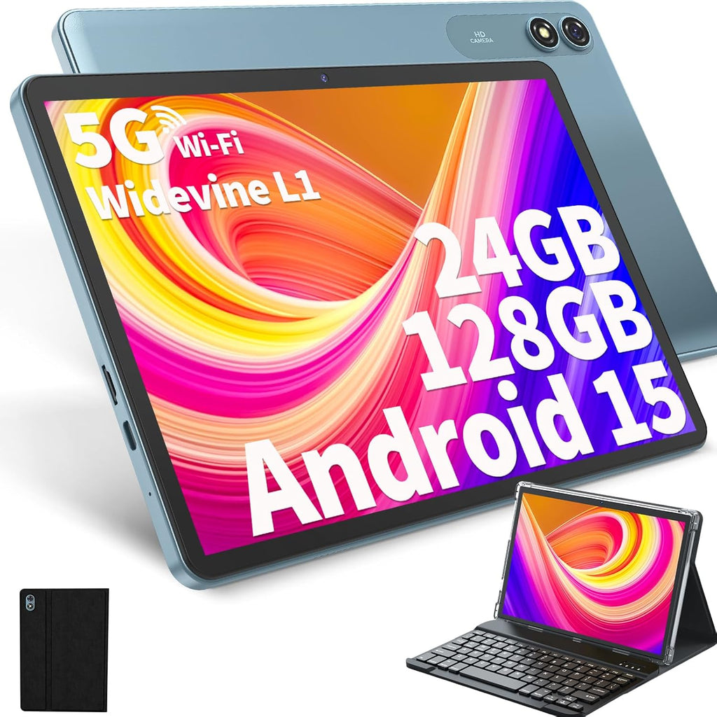 Android Tablet with Keyboard, Android 15 Tablet 10 inch with 24GB+128GB, 1TB Expand, 8-Core, 8000mAh, 5G WiFi, Widevine L1, GMS, with Case, Keyboard, Mouse, Stylus(Black)