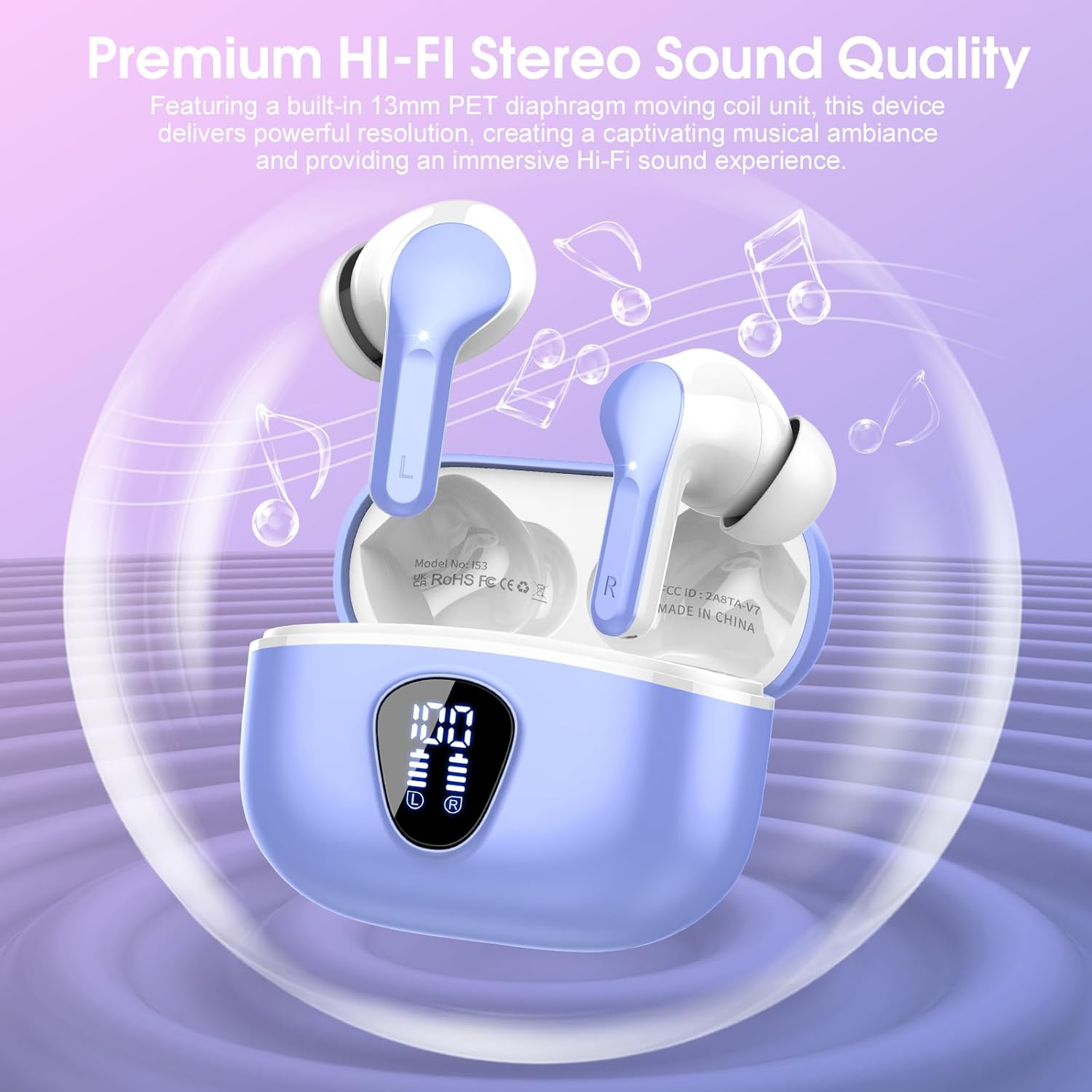Wireless Earbuds, Bluetooth 5.4 Headphones HiFi Stereo, Bluetooth Earbuds with ENC Noise Cancelling Mic, IP7 Waterproof in Ear Earphones, 48H, LED Display Ear buds for Pad Workout Sports, White Purple