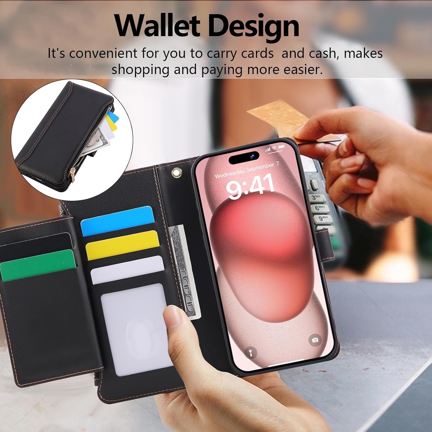 Compatible with iPhone 12/12 Pro Wallet Phone Case-PU Leather Magnetic Flip Cover with Credit Card Slots,Zipper Pocket & Detachable Wrist Strap,Shockproof Design,for Women and Men-Black