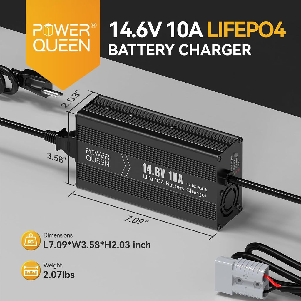Power Queen 12.8V 50Ah LiFePO4 Battery with 14.6V 10A LiFePO4 Battery Charger; Built-in 50A BMS, Fast and Fully Charged, 15000+ Cycles, Perfect for Kayak, RV, Trailer, Solar Application