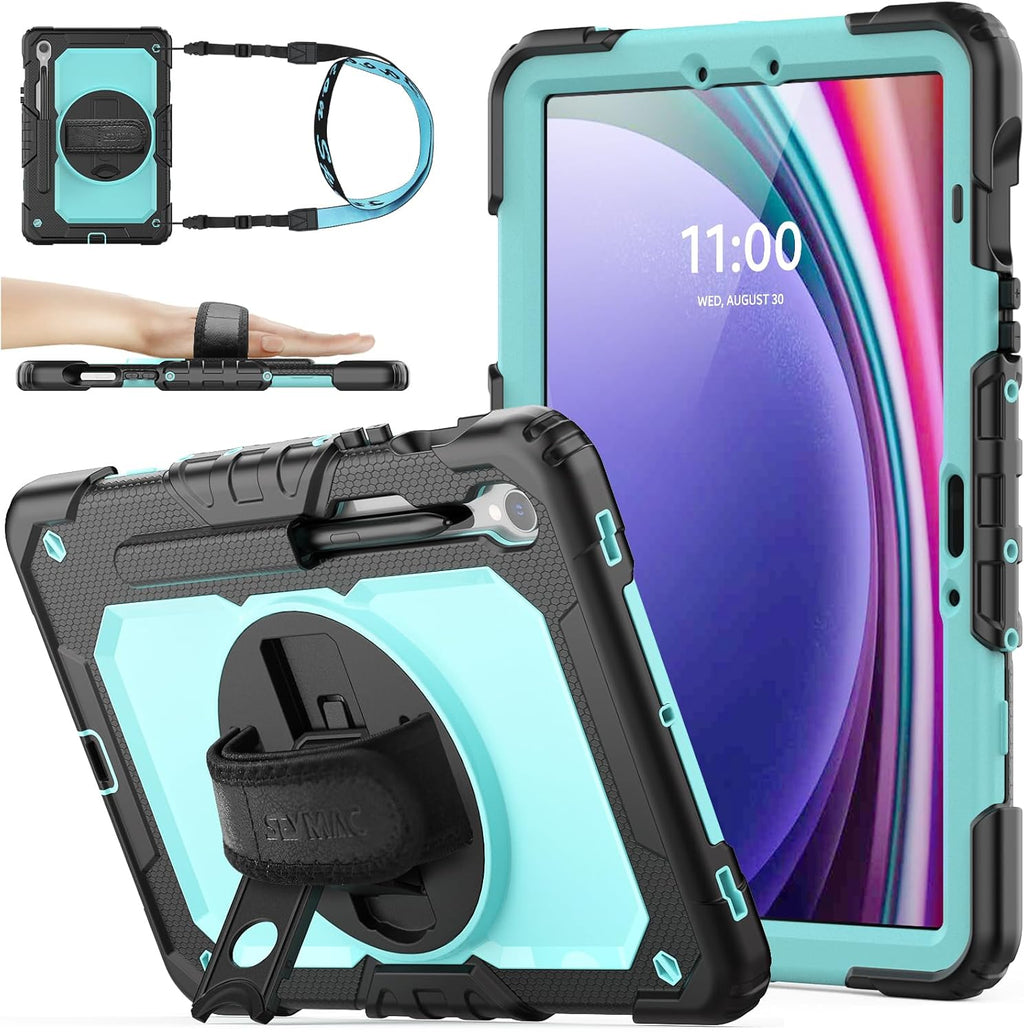 SEYMAC stock Case for Samsung Galaxy Tab S10 FE / S9 / S9 FE 5G Tablet Case Protective with Screen Protector, Pencil Holder, 360 Rotate Stand, Hand Strap, Shoulder Strap, SkyBlue1