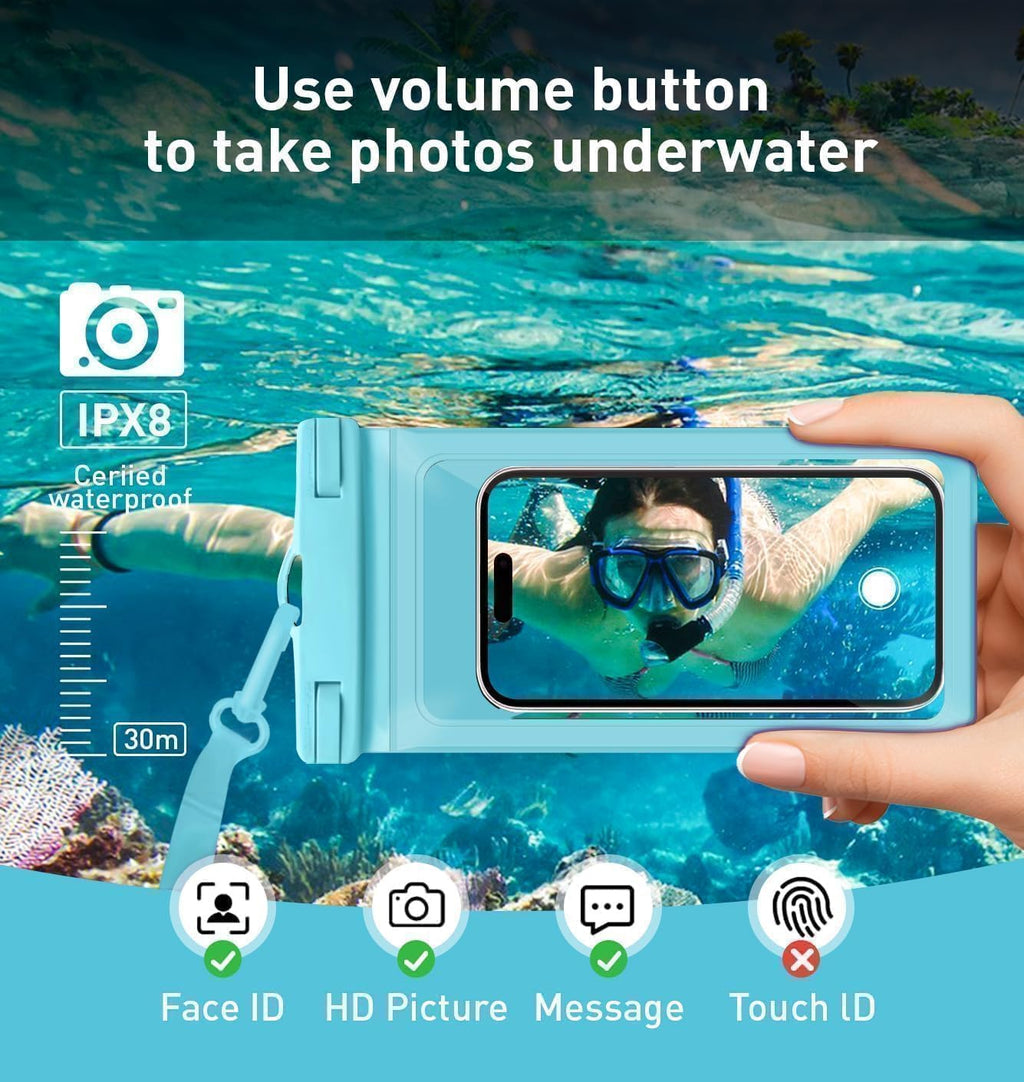 Waterproof Phone Case, with Inside Card Holder, Large Waterproof Pouch for iPhone 16 15 14 13 Pro Max, IPX8 Certified Cellphone Travel Accessories for Vacation Must Haves, 1 Pack-Blue-8.3″