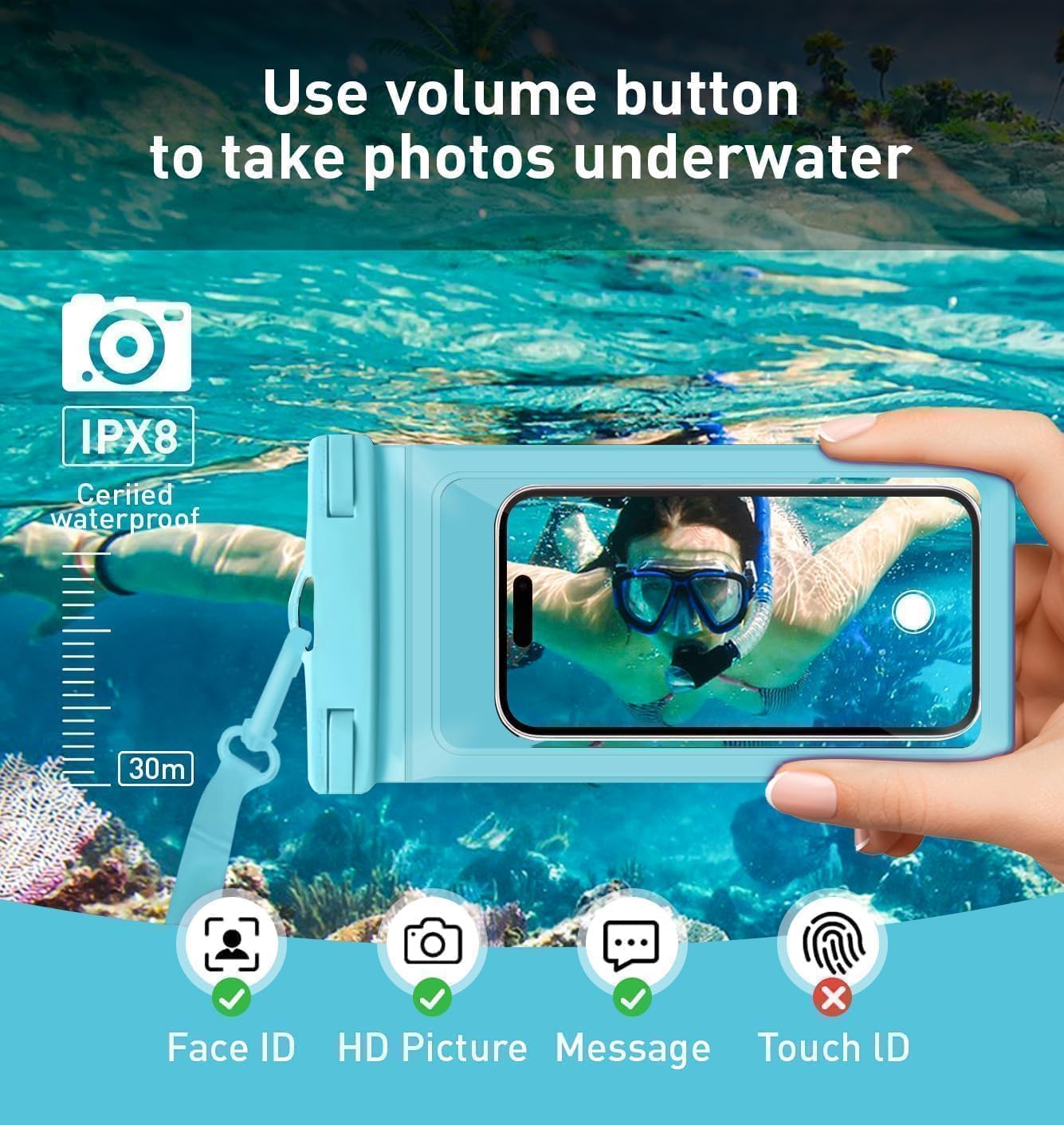 Waterproof Phone Case, with Inside Card Holder, Large Waterproof Pouch for iPhone 16 15 14 13 Pro Max, IPX8 Certified Cellphone Travel Accessories for Vacation Must Haves, 1 Pack-Blue-8.3″