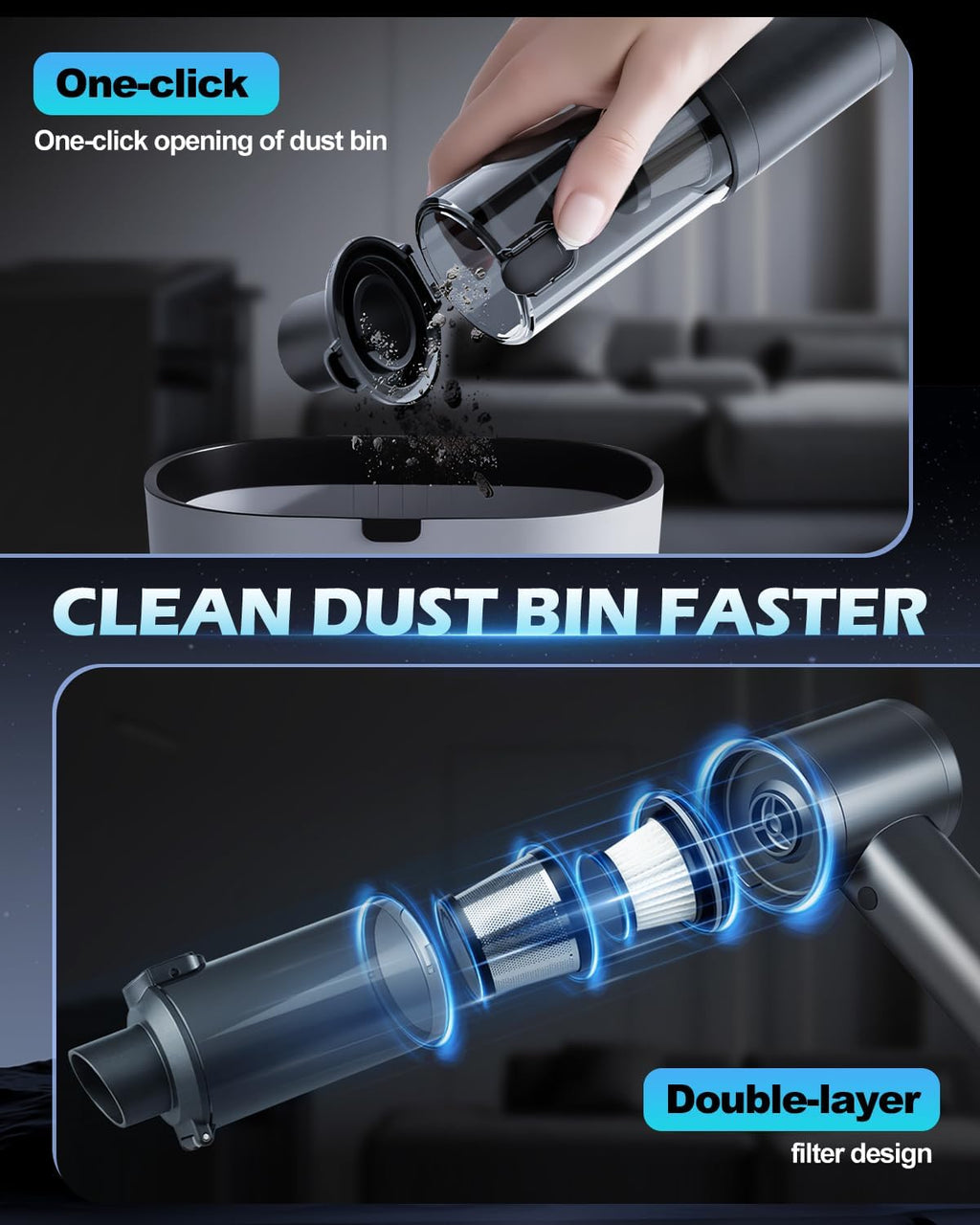 Handheld Car Vacuum Cleaner, 15000PA Car Vacuum Cleaner and Air Duster, High Power Handheld Vacuum Cordless Rechargeable with Multi-Nozzles, Portable Mini Cars Vacuum for Cars Home Office