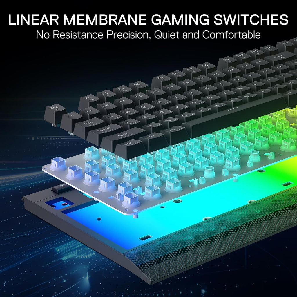 Redragon K525 RGB Backlit 104 Keys Wired Membrane Gaming Keyboard w/ 5 Multimedia Keys & 4 Extra On-Board Macro Keys, Dedicated Media Control, Ergonomic Wrist Rest, Linear Mechanical-Feel Switch