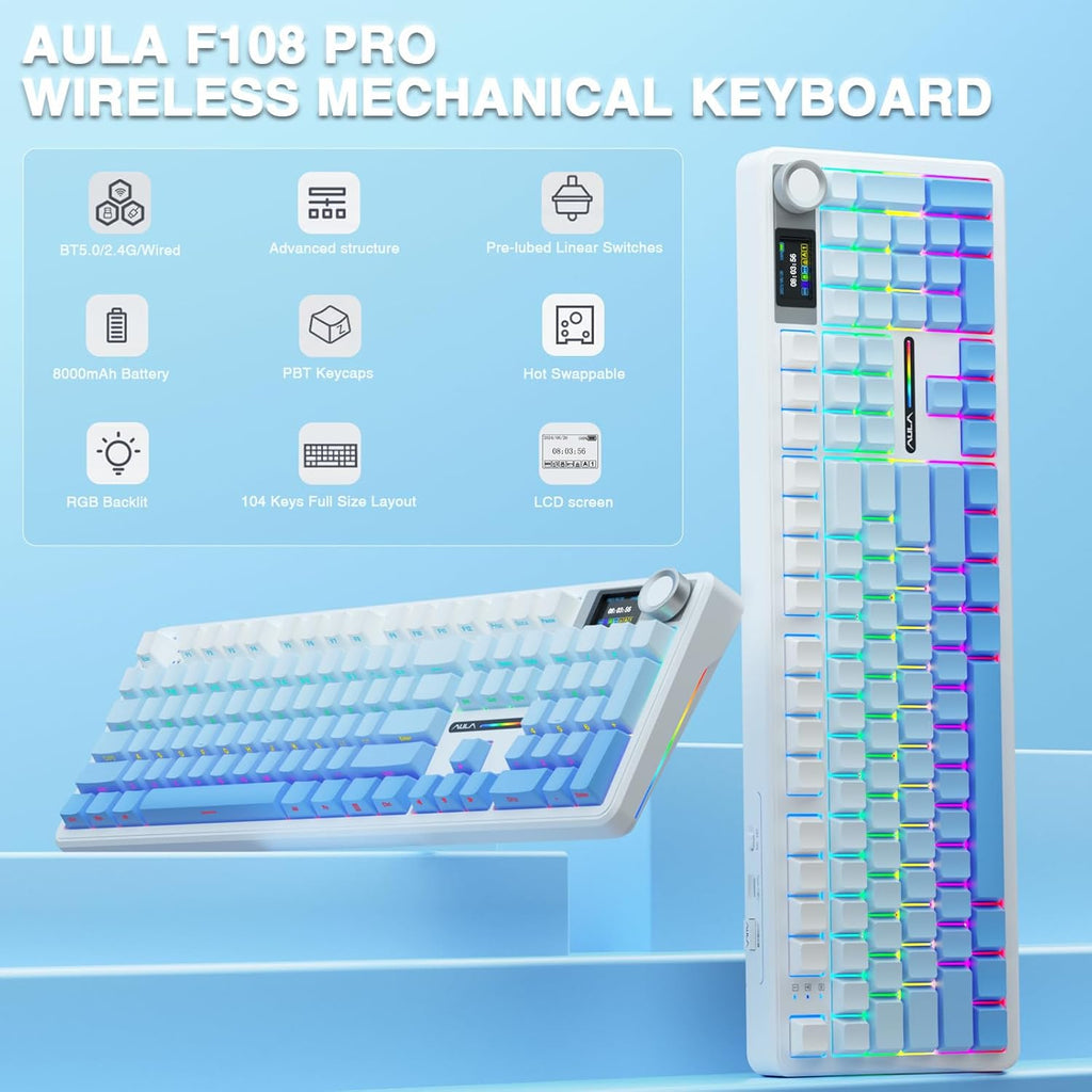 AULA F108 PRO - Wireless Mechanical Keyboard with Screen&Knob,Hot Swappable Gaming Keyboard with 8000mAh Battery,Pre-lubed Switches,RGB Backlit,PBT Keycaps Creamy Sounding Computer Keyboards,104 Keys