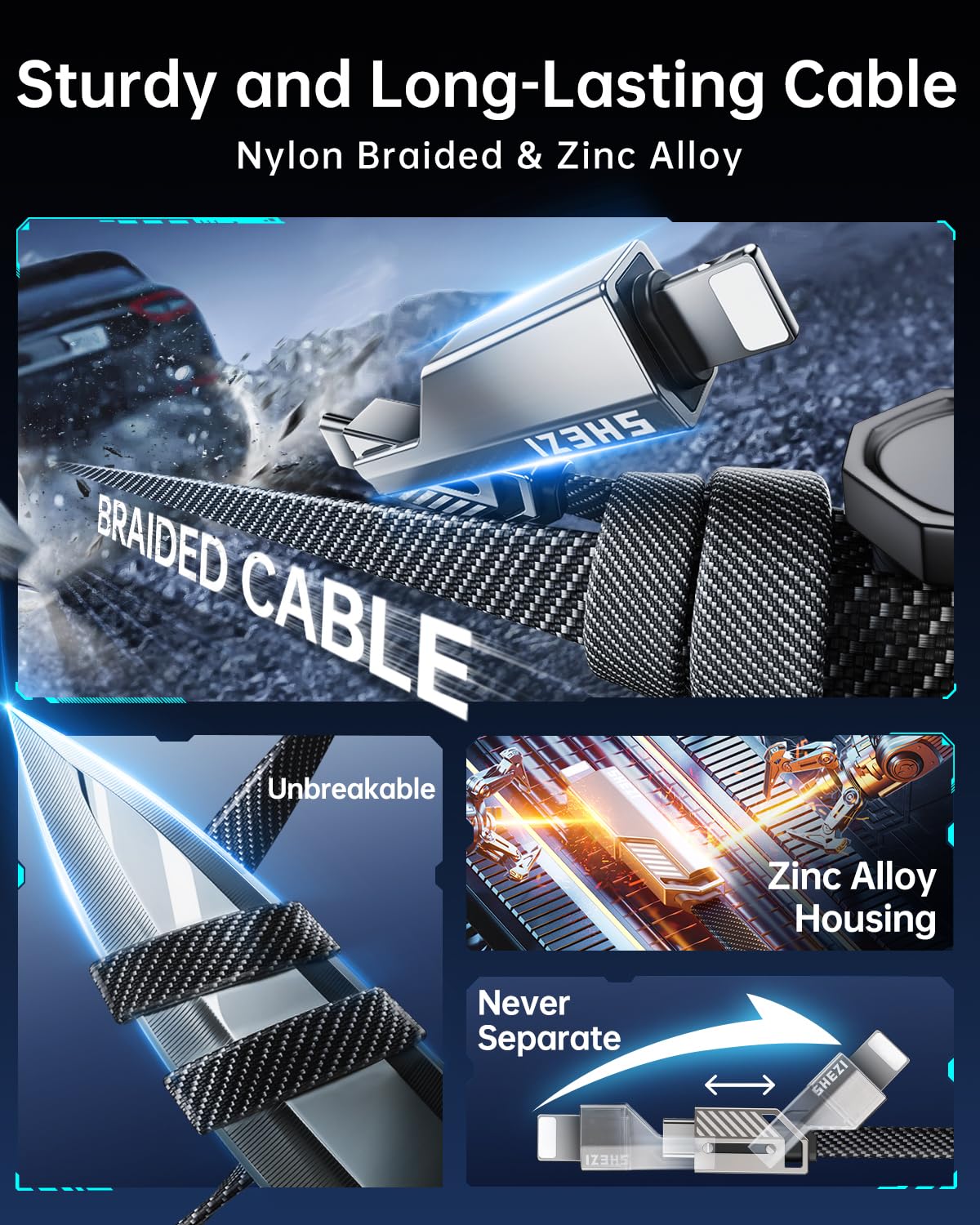SHEZI [Upgraded 2.0] 4-in-1 USB C Cable 240W 5FT [Fast Charging & Data Sync] Flat Nylon Braided Multi Charger Cord Wire Combo with L/USB C/A Port for iPhone/iPad & All Devices