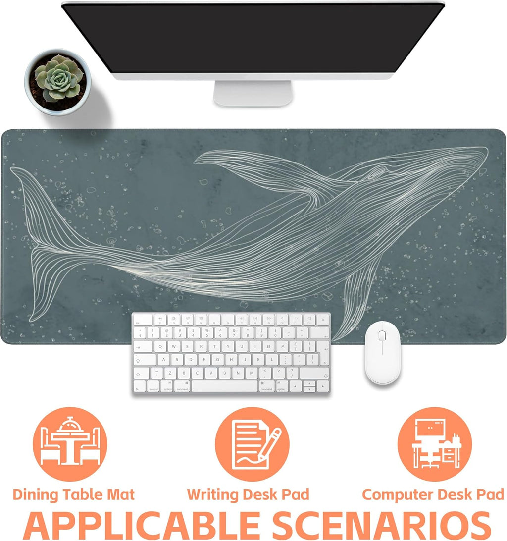 Mouse Pad Large Hand Drawn Whale Non-Slip Gaming Desk Mat with Stitched Edge Laptop Keyboard Desk Pad for Work Home Gaming (35.4 x 15.7 Inches)