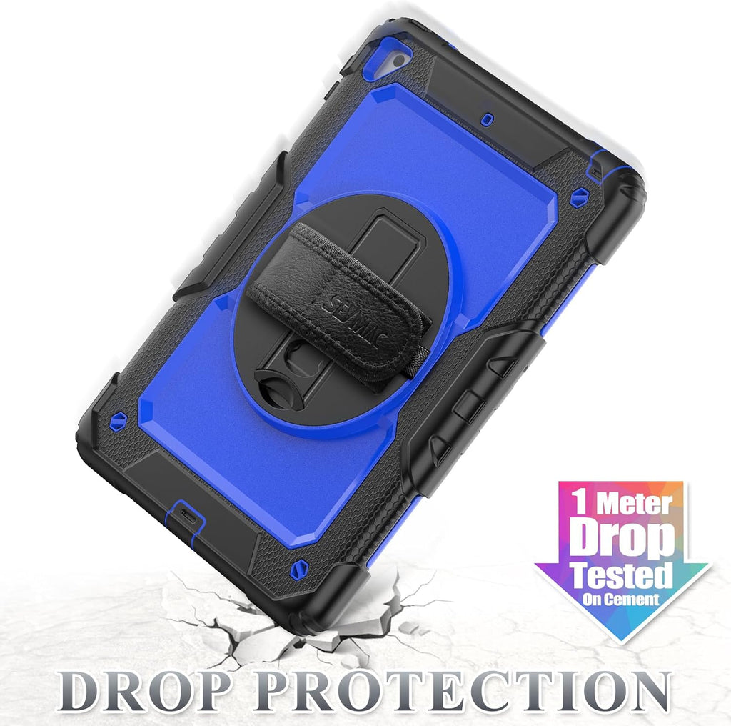 SEYMAC stock Case for iPad 6th / 5th Generation Case/Air 2 / Pro 9.7 inch, Heavy Duty Protective with Screen Protector, with Pencil Holder, Hand Strap, Shoulder Strap, 360 Rotate Stand, Blue+Black