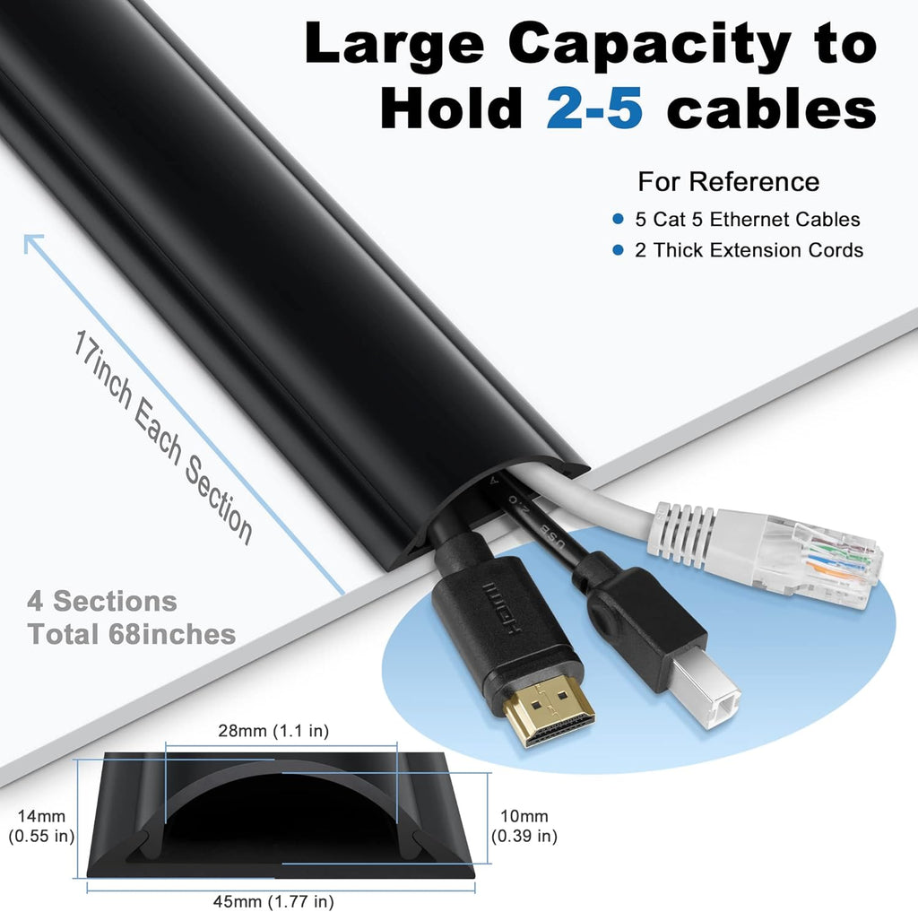 ZhiYo Cord Hider Floor 68in(4xL17in), Rigid PVC Floor Cord Cover, Hard PVC Floor Wire Cover, Floor Cable Cover for Cable Management Floor, Cable Floor Cover Black, Cord Cavity - 1in W x 0.35in H