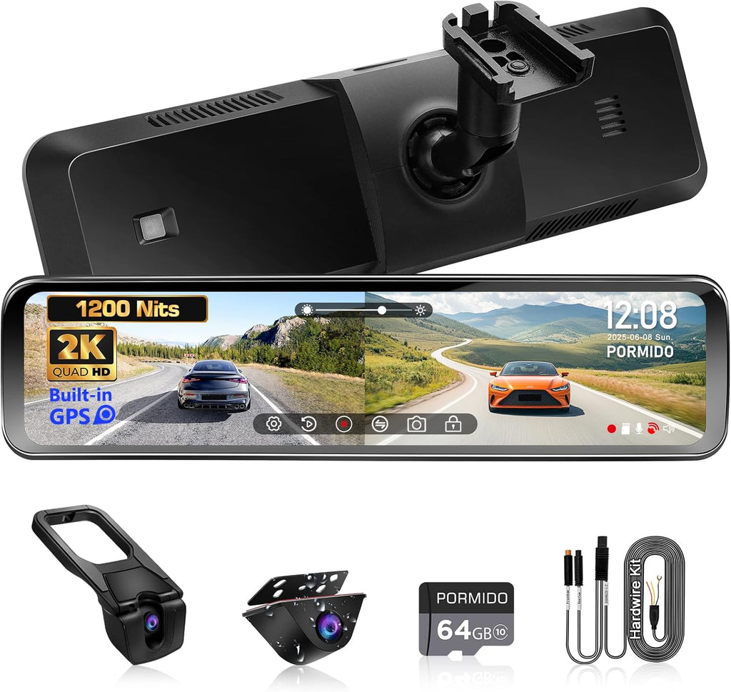 PORMIDO OEM Rear View Mirror Camera with Auto-Brightness, 11" Mirror Dash Cam with 2K Ultra-Bright Touchscreen, Detached Front Backup Rearview Zoom Built-in GPS Night Vision 64GB Card Parking Monitor