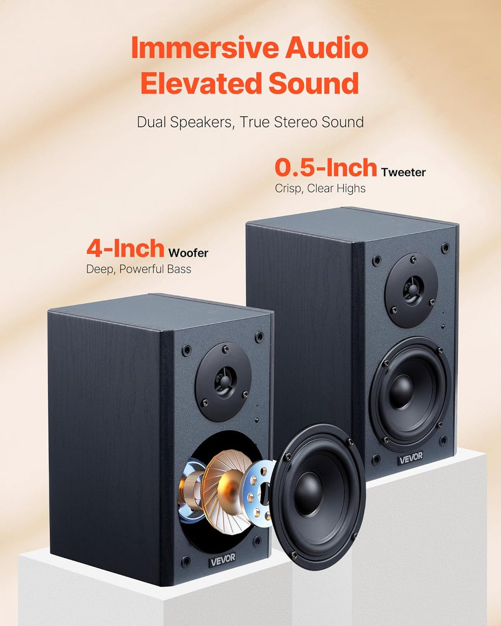 VEVOR Powered Bookshelf Speakers, 20W x 2, Active Studio Monitor Speaker with 4 Inch Woofer, Adjustable Volume and Audio with Bluetooth Optical Connection, Wooden Enclosure, for Record Player PC TV