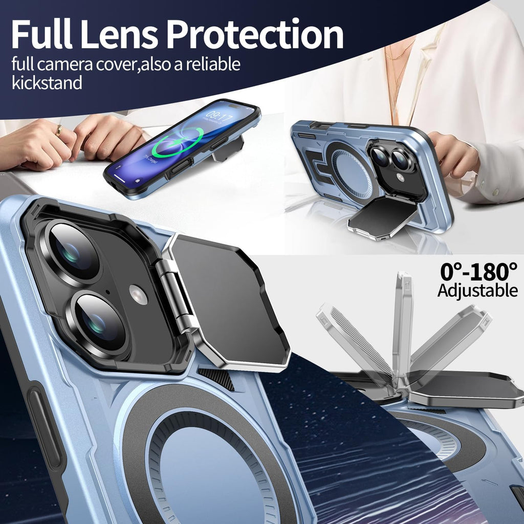 Camera Stand Case for iPhone 16 Plus, [Compatible with Mag Safe] [Lens Cover] 2024 Version Military Grade Protective Soft Case for iPhone 16 Plus 6.7 inch Men Women,Blue