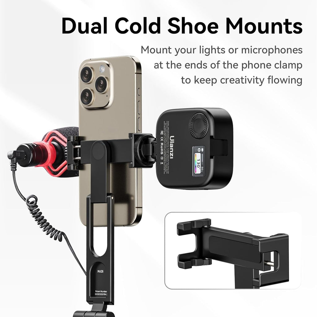 ULANZI MA26 Foldable Phone Tripod - Pocket Cell Phone Vlog Video Tripod Handle Aluminium Smartphone Desk Stand 2 Cold Shoe Small Size All in One Lightweight Portable Vlog Stick for iPhone Samsung
