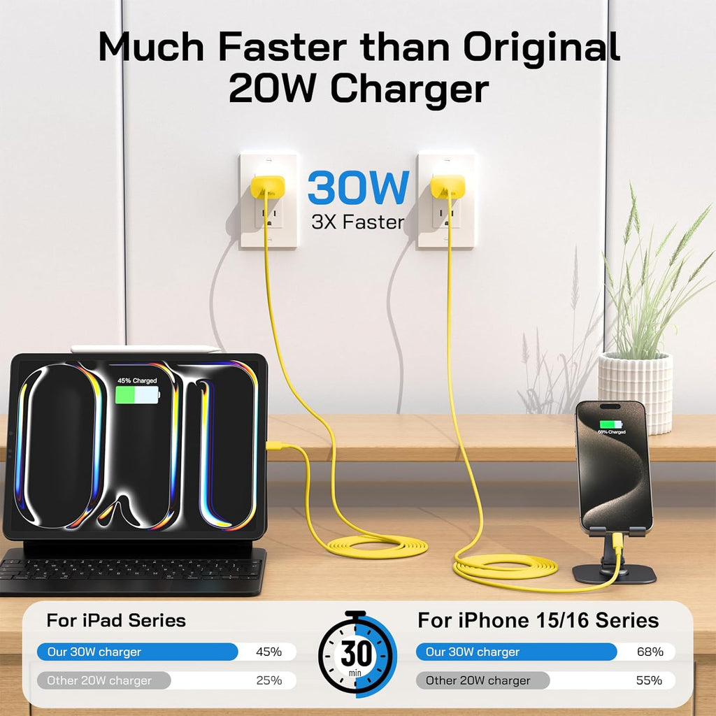 30W USB C i Phone 16 15 Charger Fast Charging, 2PACK Wall Charger for iPhone 16 15 Pro Max Charger Cord 10FT Fast Type C Charger Block for iPhone 16/16 Pro/15 Plus/15 Pro/15 Pro Max, iPad Pro, Yellow