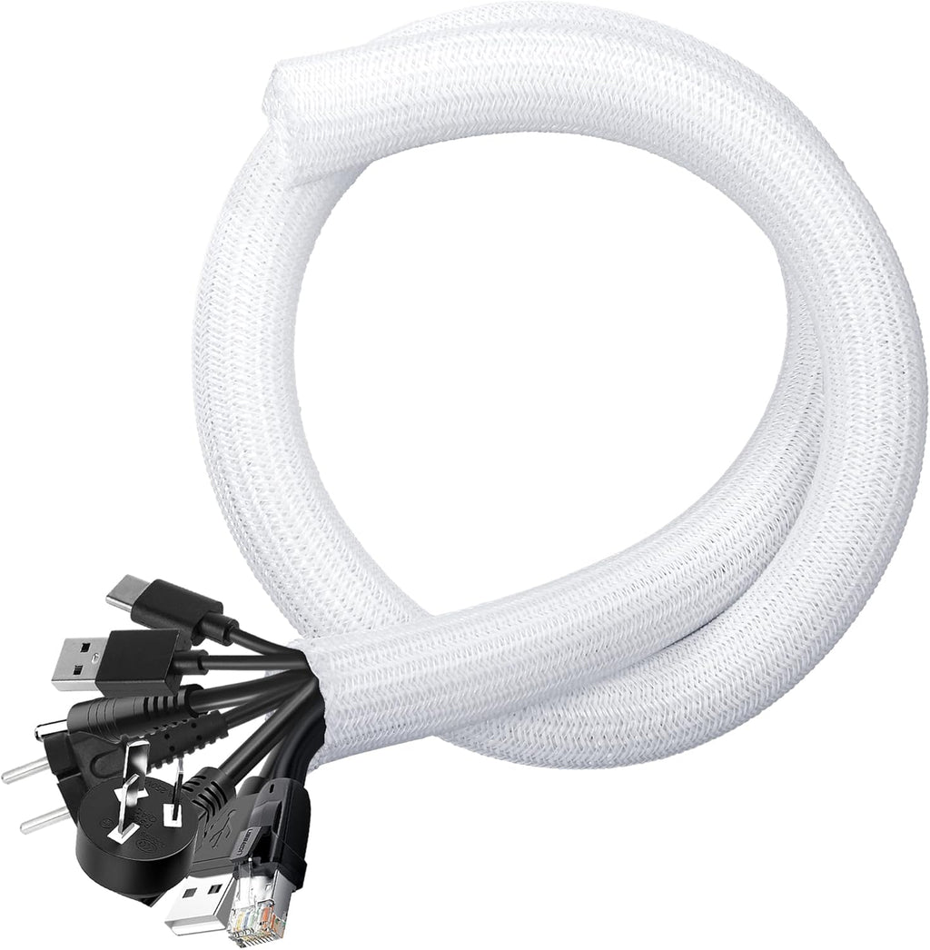 Cable Management Sleeves 1in - 2 Pack 6.6ft Split Braided Cable Sleeve White, Cord Protectors from Pets, Wire Organizers for Cords, Flexible Cord Wrap Wire Sleeve for Computer Cord Organizer